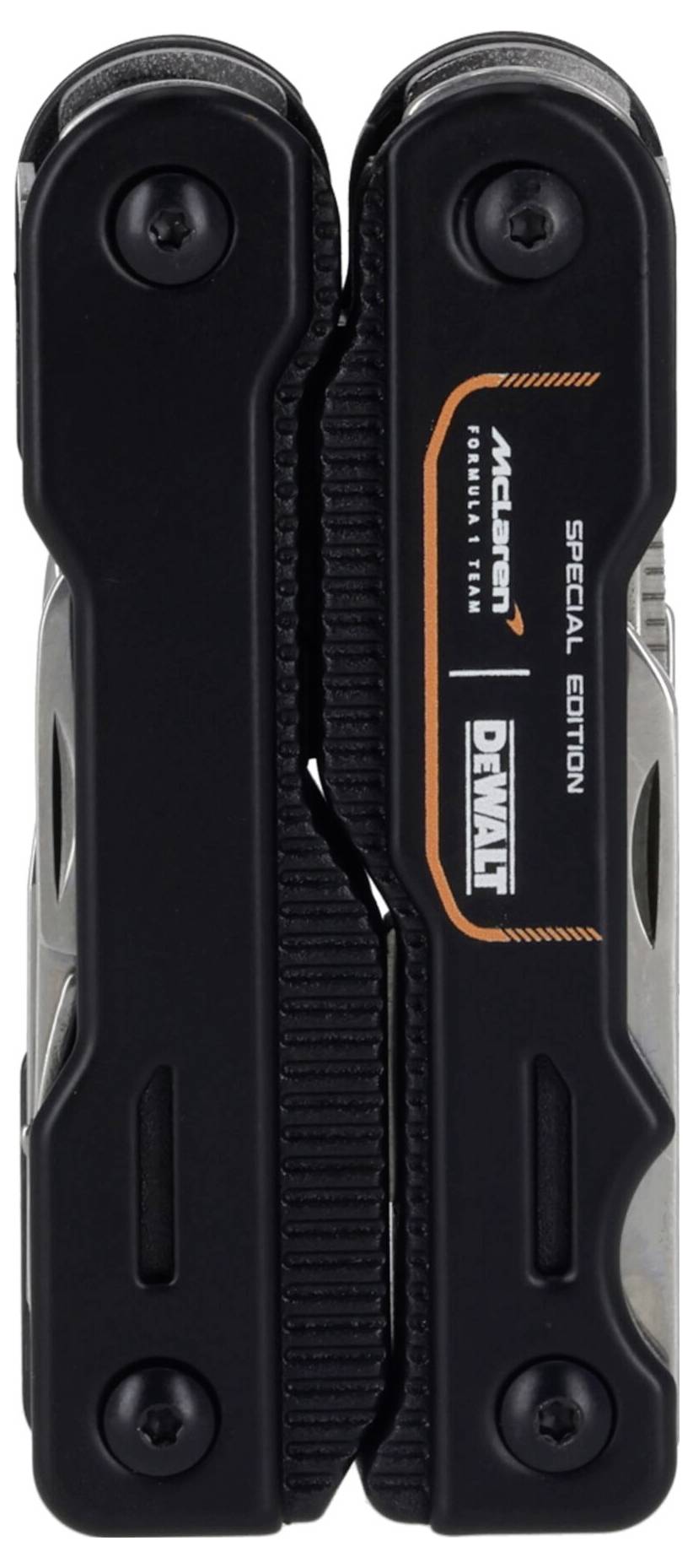 Close-up of a black folding knife or multi-tool handle with ribbed grip and visible 'DEWALT' and 'McLAREN SPECIAL EDITION' branding.