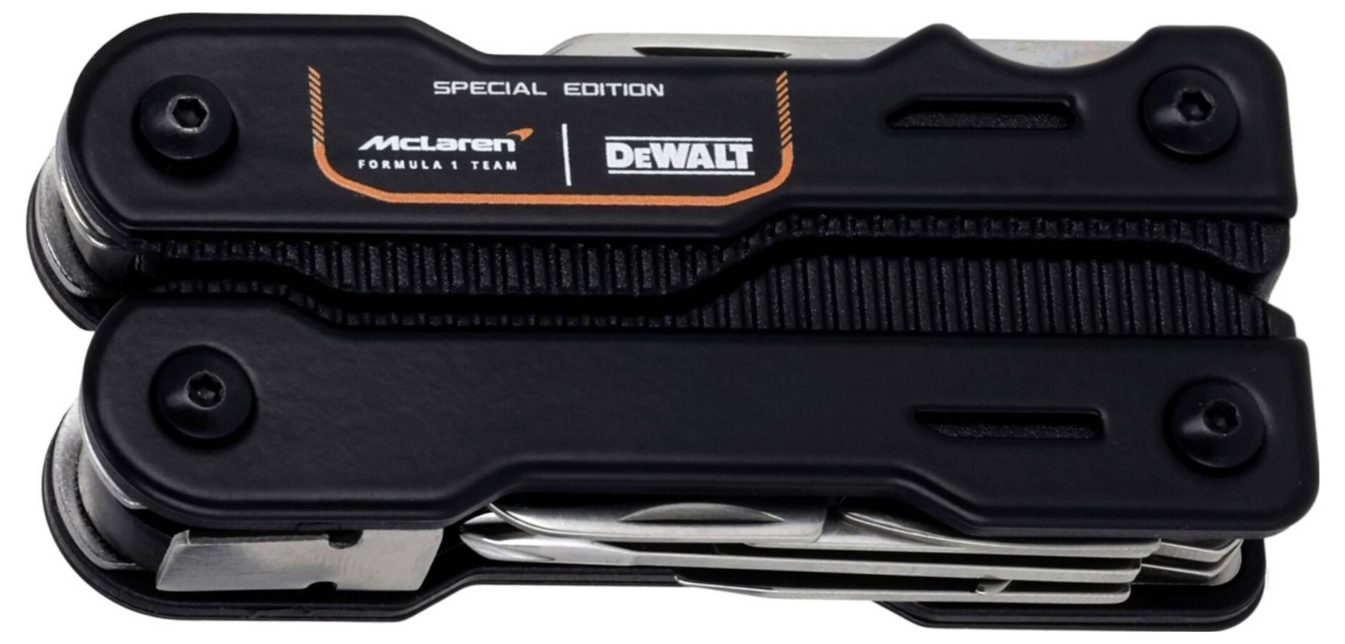 Black folding multi-tool with 'Special Edition', McLaren Formula 1 Team and DEWALT branding, shown closed with tools partially visible.