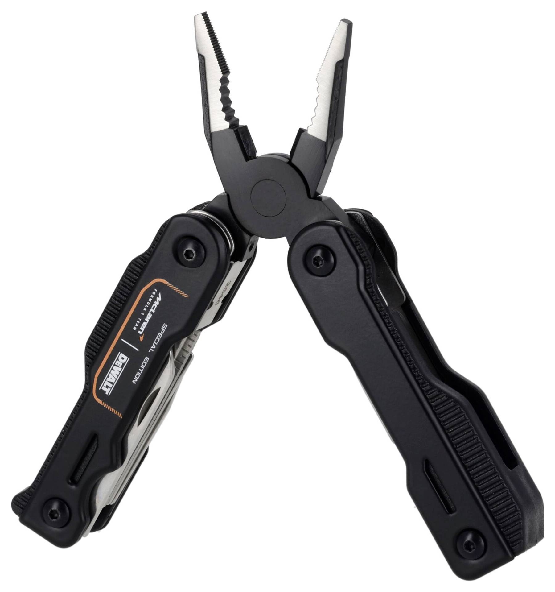 Black multifunction pliers with serrated jaws and foldable handles, shown open on a white background.