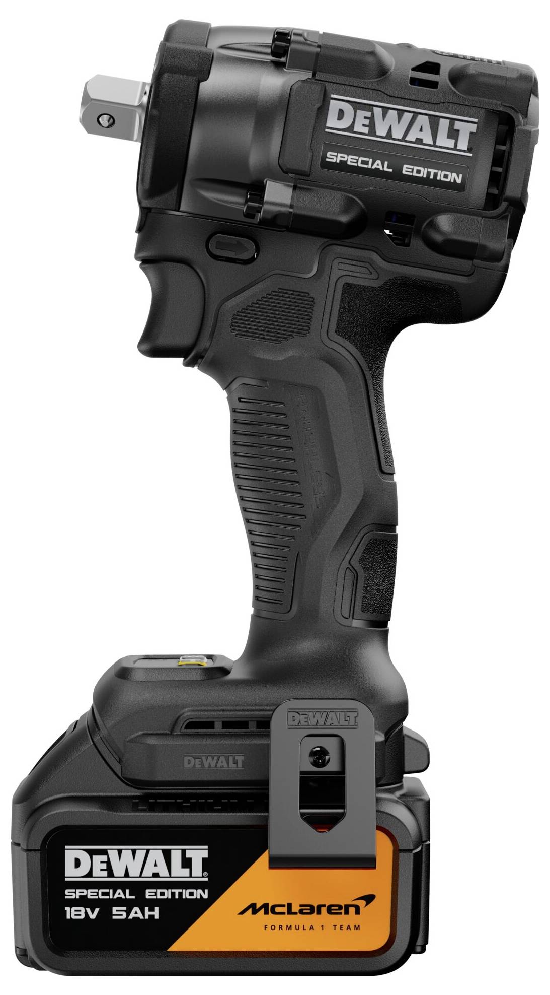 Black DEWALT Special Edition cordless impact wrench with battery pack, shown in side view with McLaren Formula 1 Team branding.