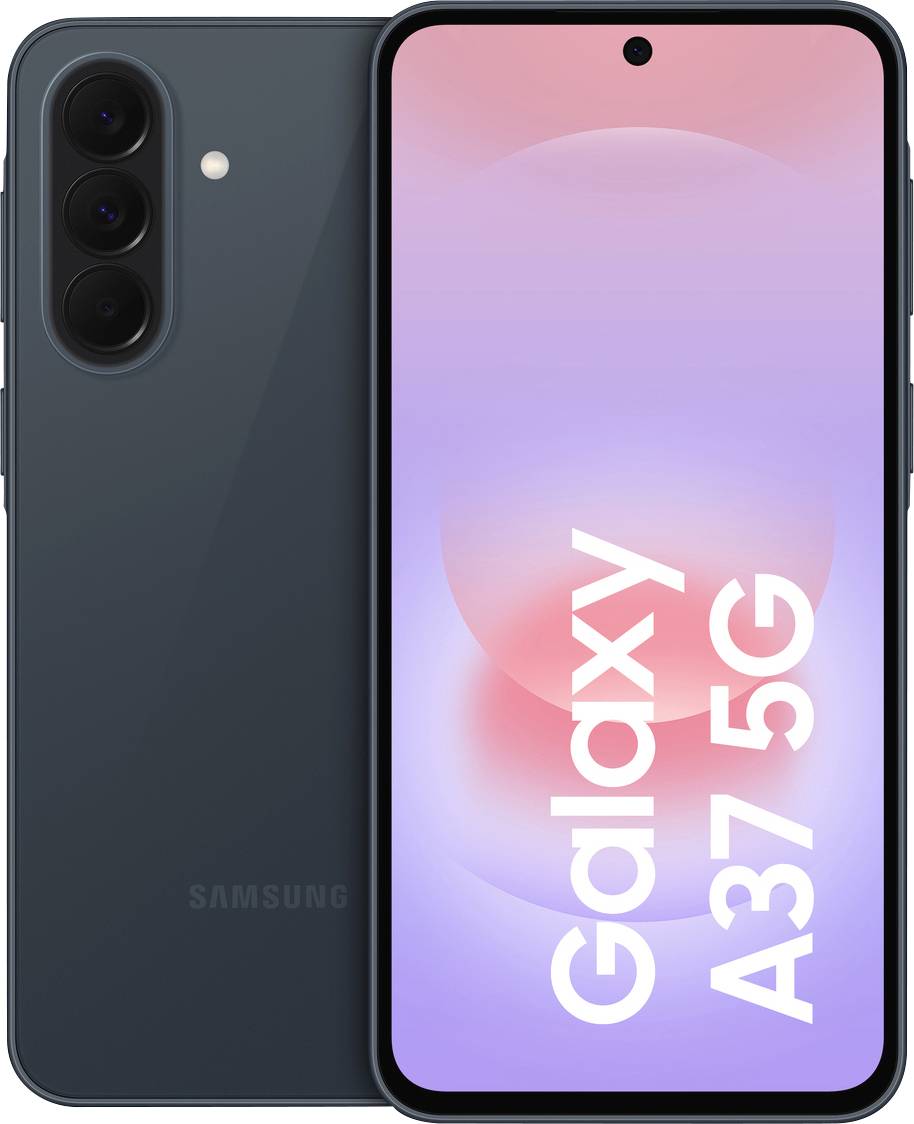 Samsung Galaxy A37 5G smartphone shown front and back, dark rear with triple camera and front display with centered hole-punch camera.