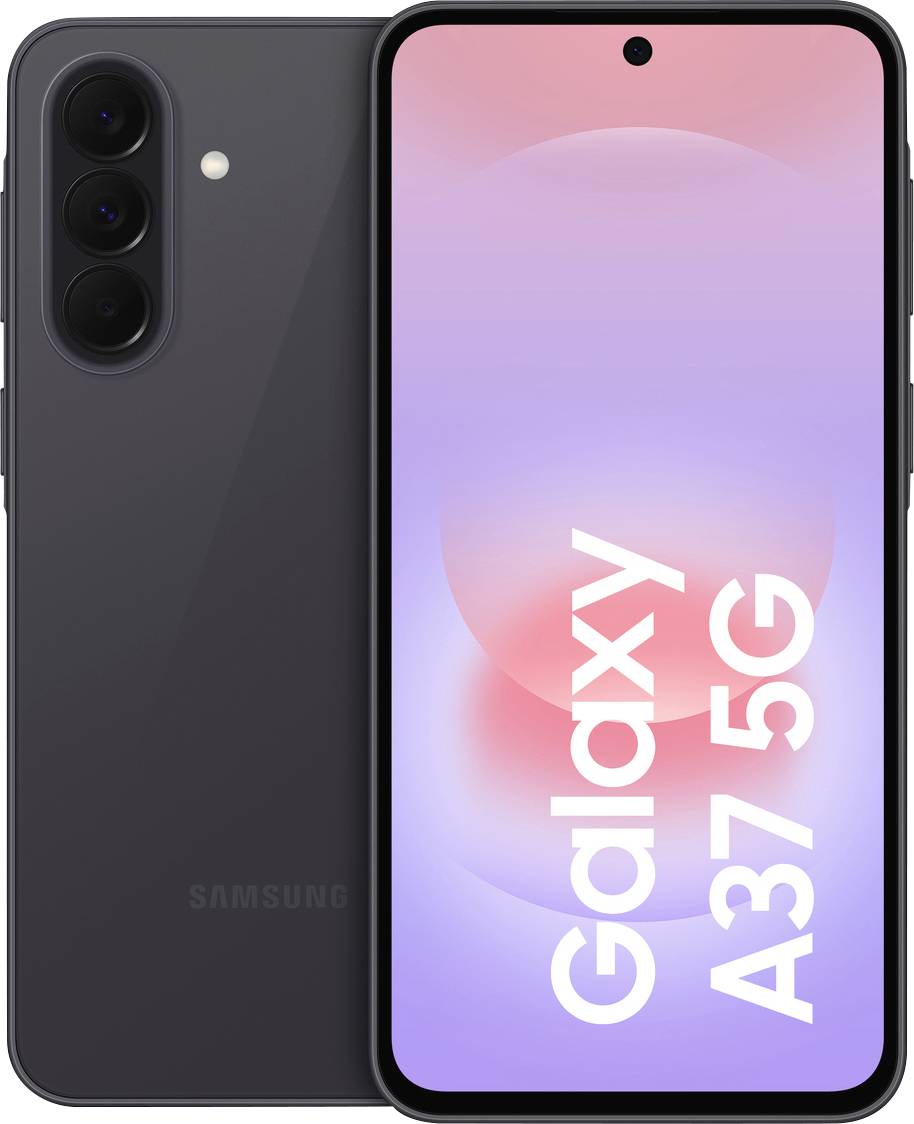 Samsung Galaxy A37 5G smartphone shown front and back, with triple rear cameras and a centered hole-punch display displaying 'Galaxy A37 5G'.