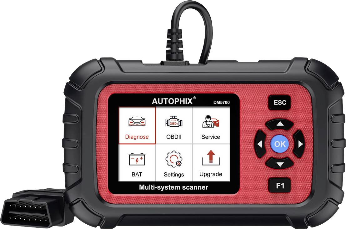 AUTOPHIX DM5700 multi-system car diagnostic scanner with screen showing Diagnose, OBDII, Service, BAT, Settings, and Upgrade options.
