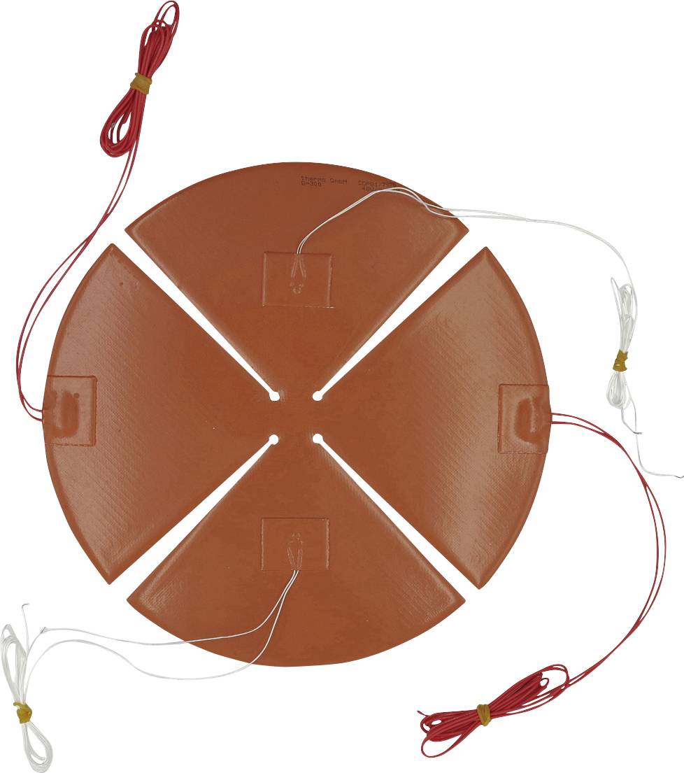 Circular orange segmented heating mat with attached red and white electrical wires on a white background.