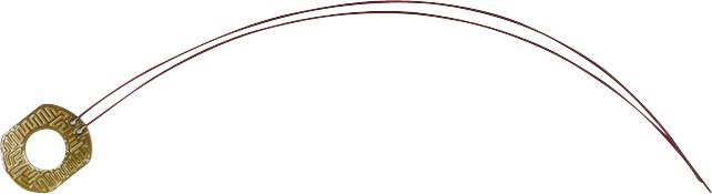 A small gold circular pendant is attached to two thin red curved lines arcing across a white background.