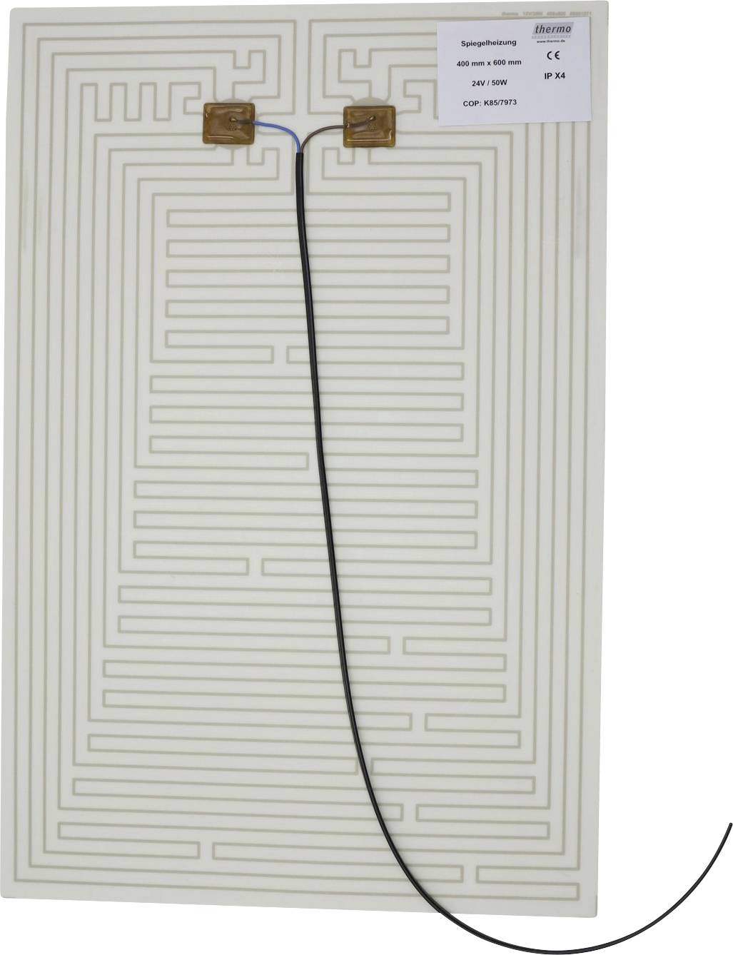Rectangular RFID antenna coil on a white backing, with two copper contact pads at the top and a black lead wire attached.