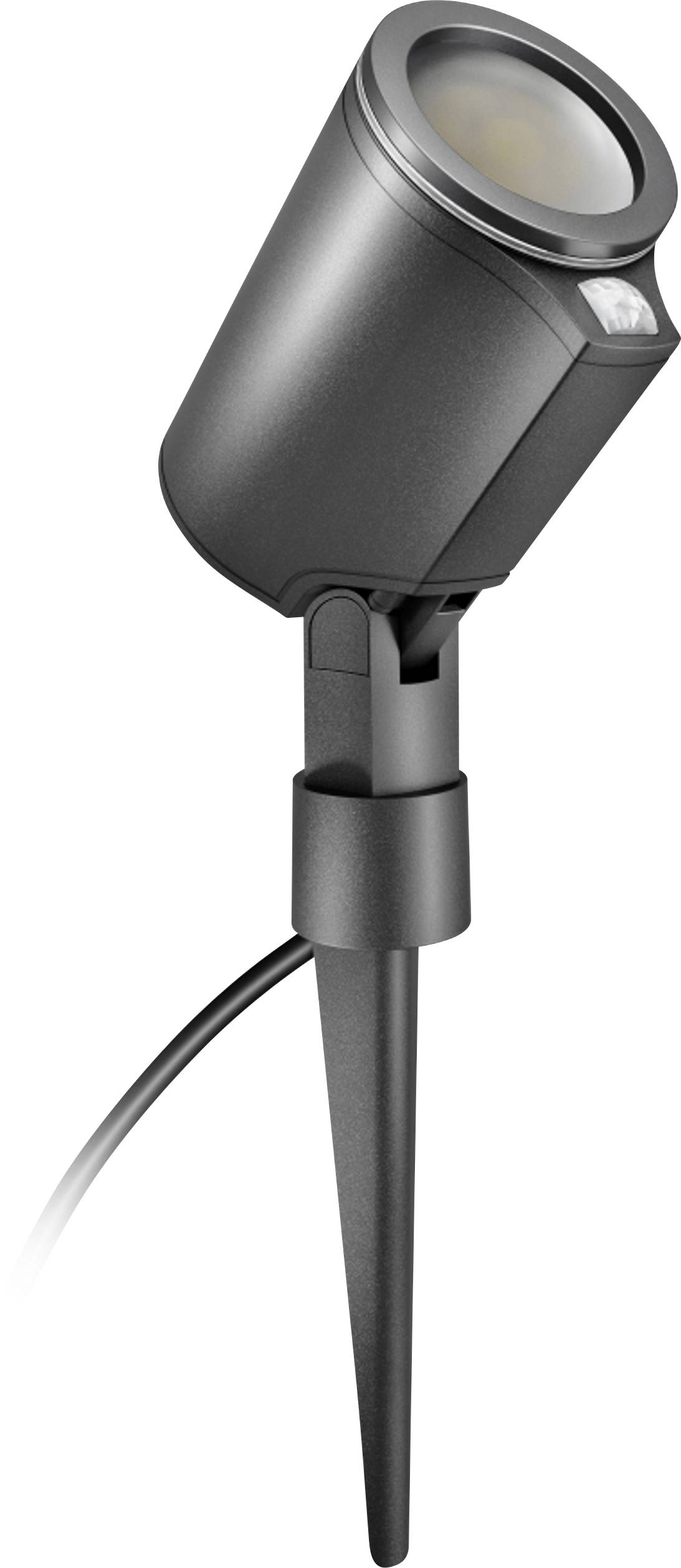 Black adjustable outdoor spotlight on a ground stake with attached power cable.