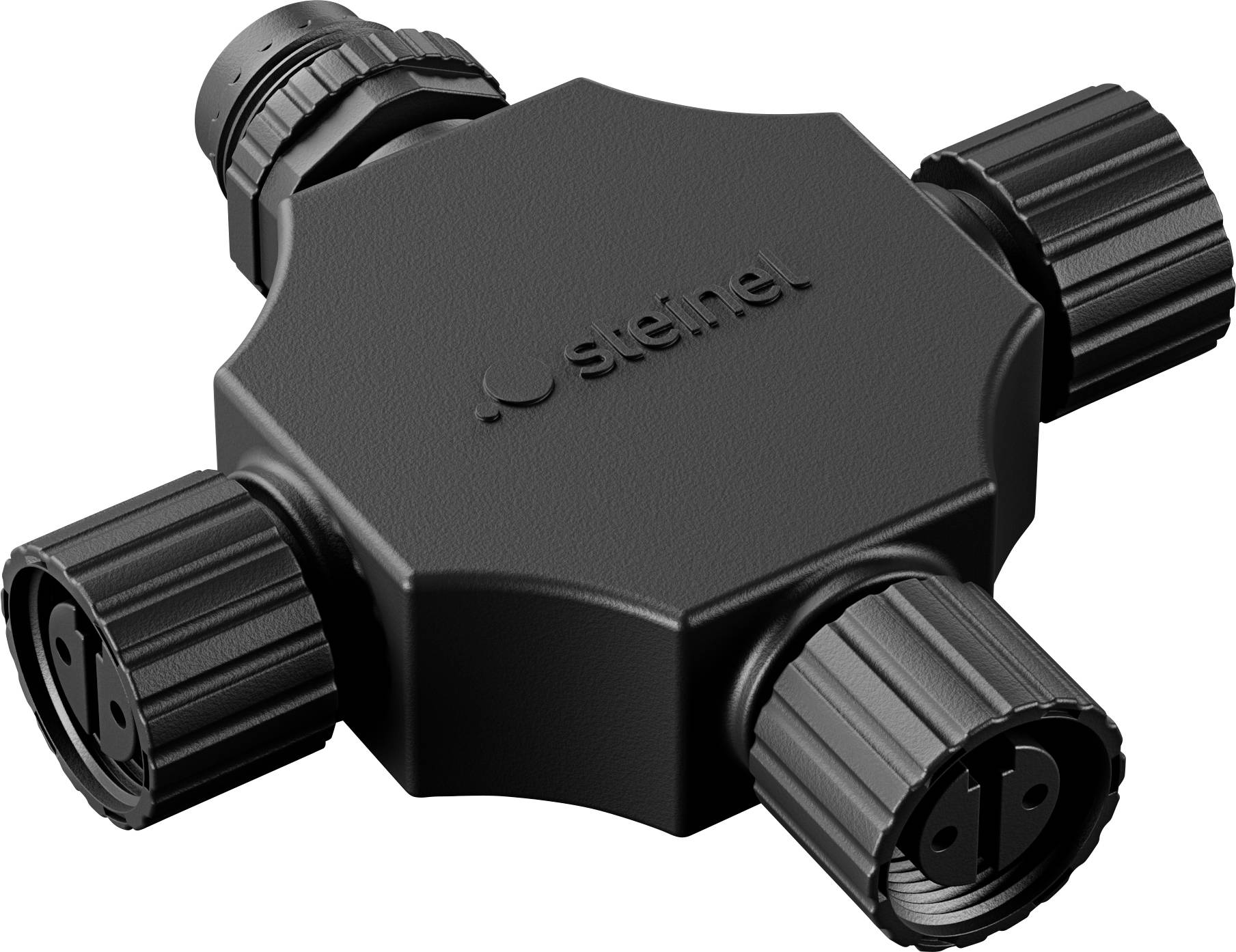 Black Sistec four-way cable splitter/junction box with four ribbed connector ports