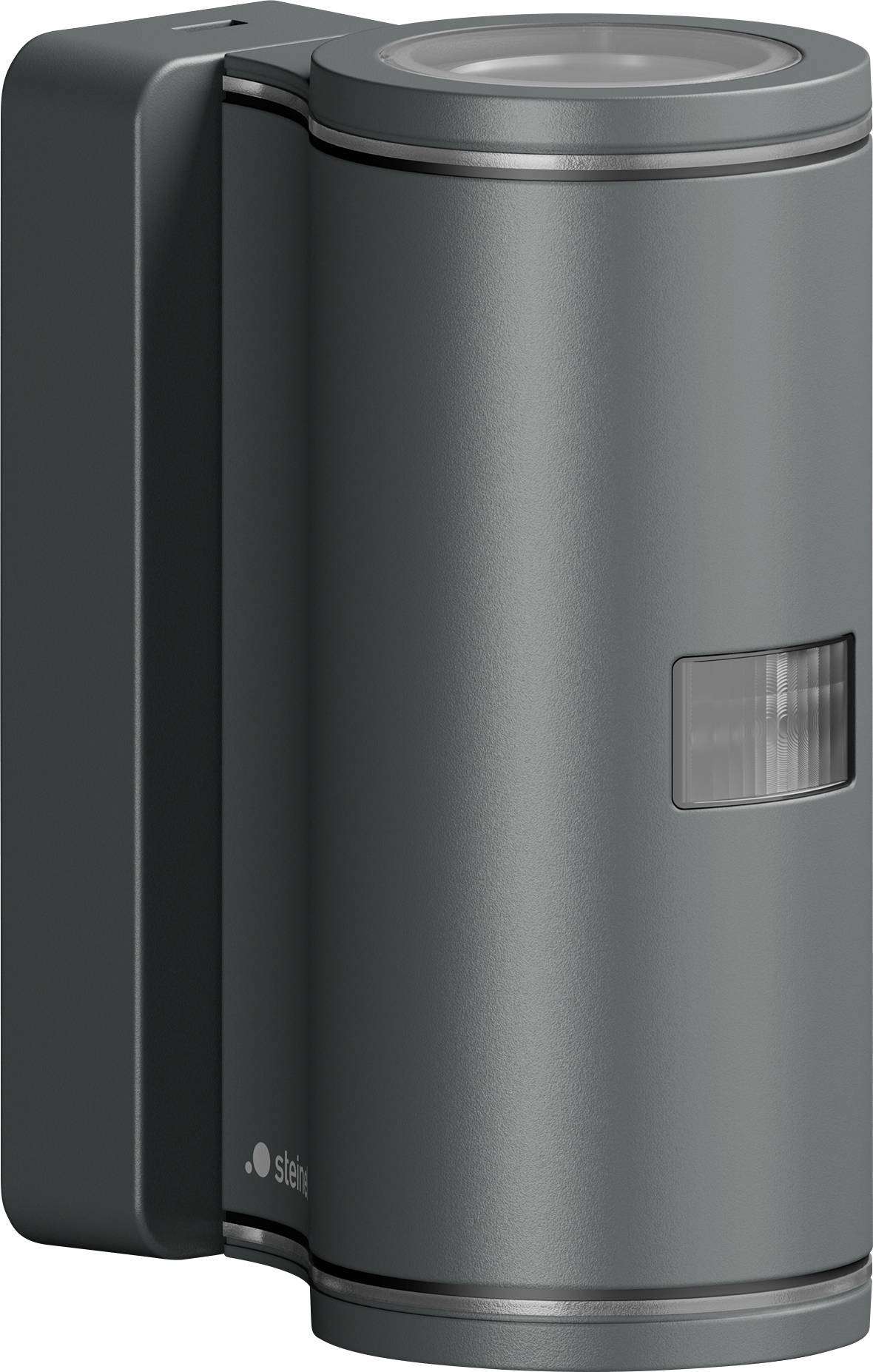 Wall-mounted metallic cylindrical device with a dark side housing and small front indicator window, likely a sensor or dispenser.