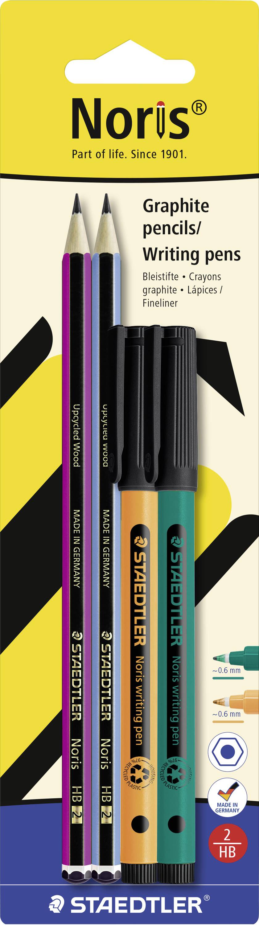 STAEDTLER Noris graphite pencils and writing pens in a yellow package, showing two pencils and two fineliners with product features and HB 2B labels.