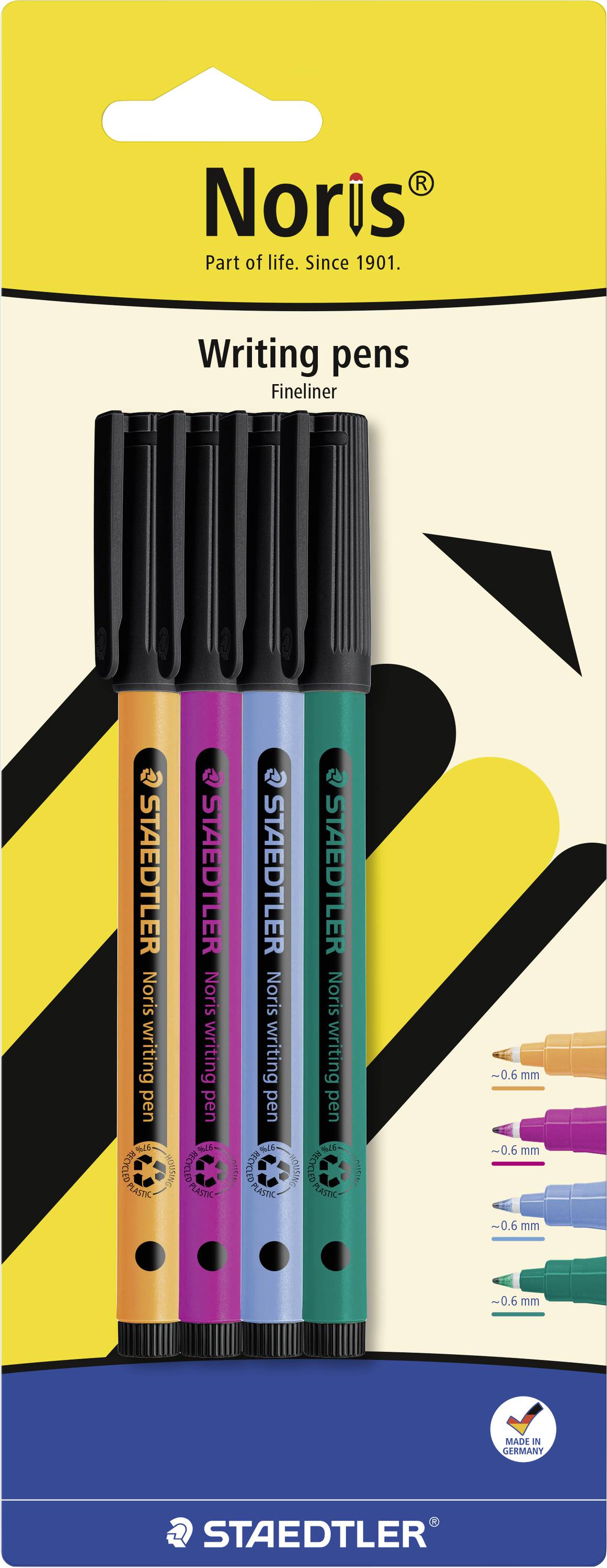 Package of Noris writing pens by STAEDTLER, showing four fineliner pens in black, orange, pink, purple, and teal on a yellow and cream background.