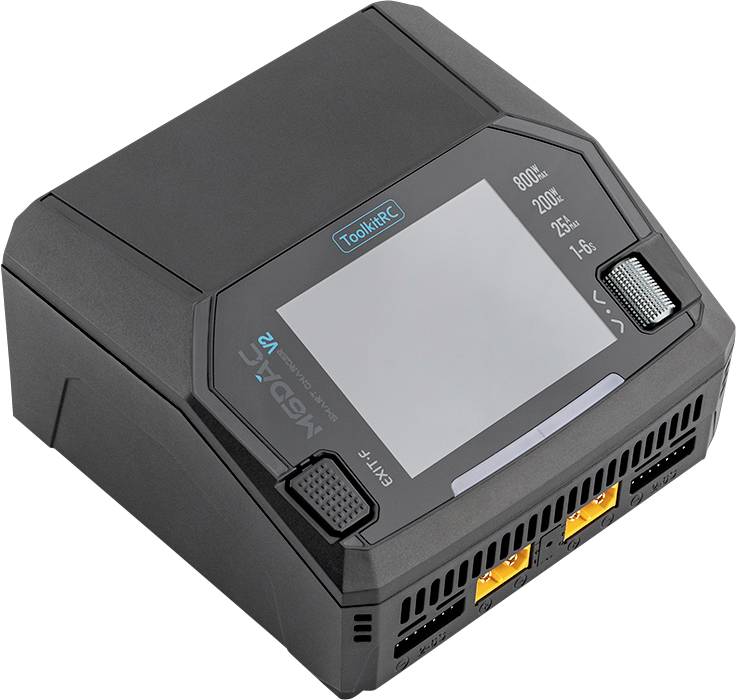 Black electronic device with a blank screen and control knobs, labeled Toolvic, shown on a white background.