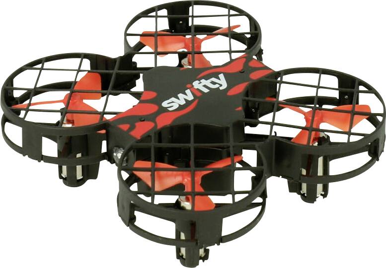 Small black and red enclosed quadcopter drone with the word 'swifty' on top, shown against a white background.