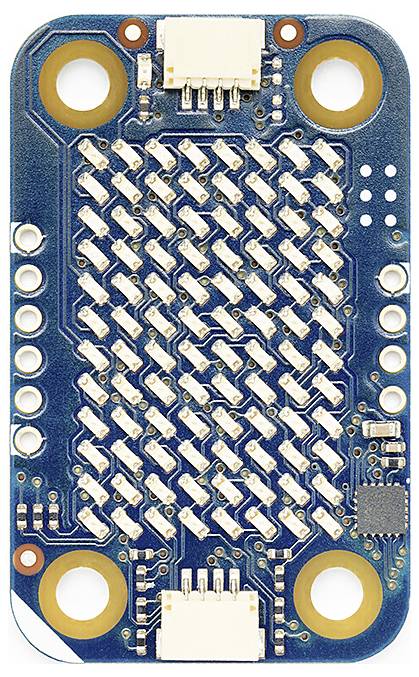 Blue circuit board with two white connectors, four mounting holes, and a central array of small white components laid out in a grid.