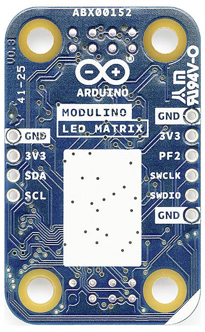 Arduino Module LED Matrix circuit board with USB-C-style connector and labeled pins, featuring a central 5x5 LED display area.