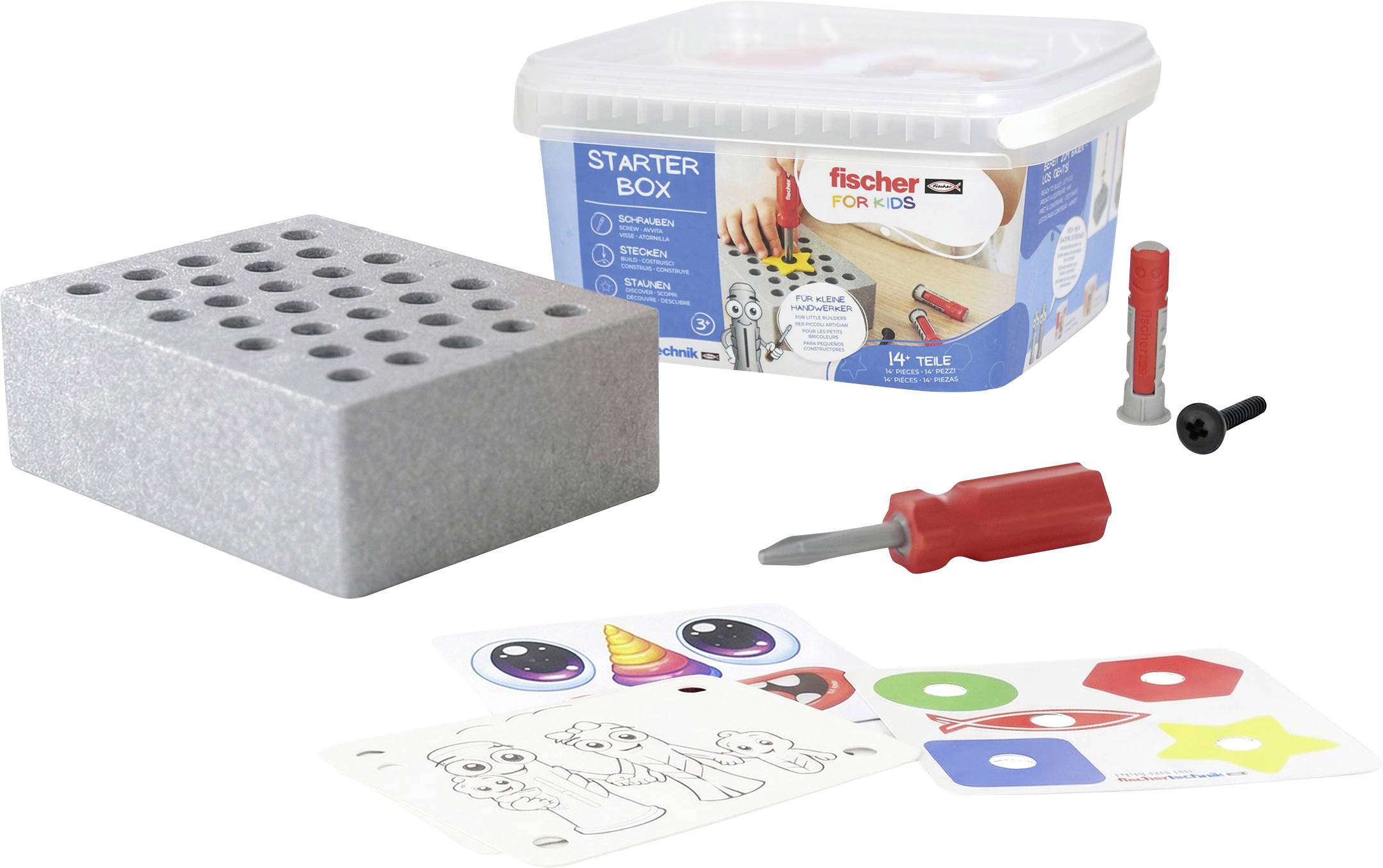 Children’s toy construction starter kit with a perforated gray block, storage box, red screwdriver, small fasteners, and activity cards with shapes and faces.