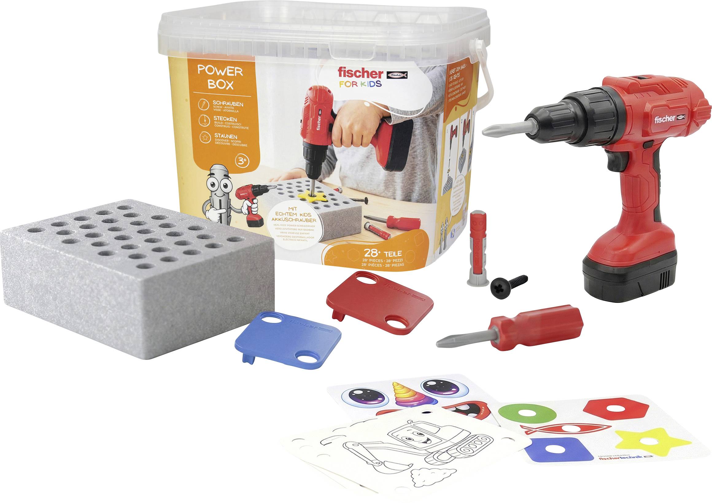 Fischer Power Box kids tool kit with red drill, foam block, screwdrivers, bits, and color-shape play pieces in a storage case.