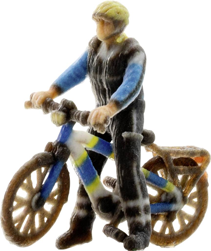 A small figurine of a cyclist wearing a helmet and dark clothing, standing with a blue-and-yellow bicycle.