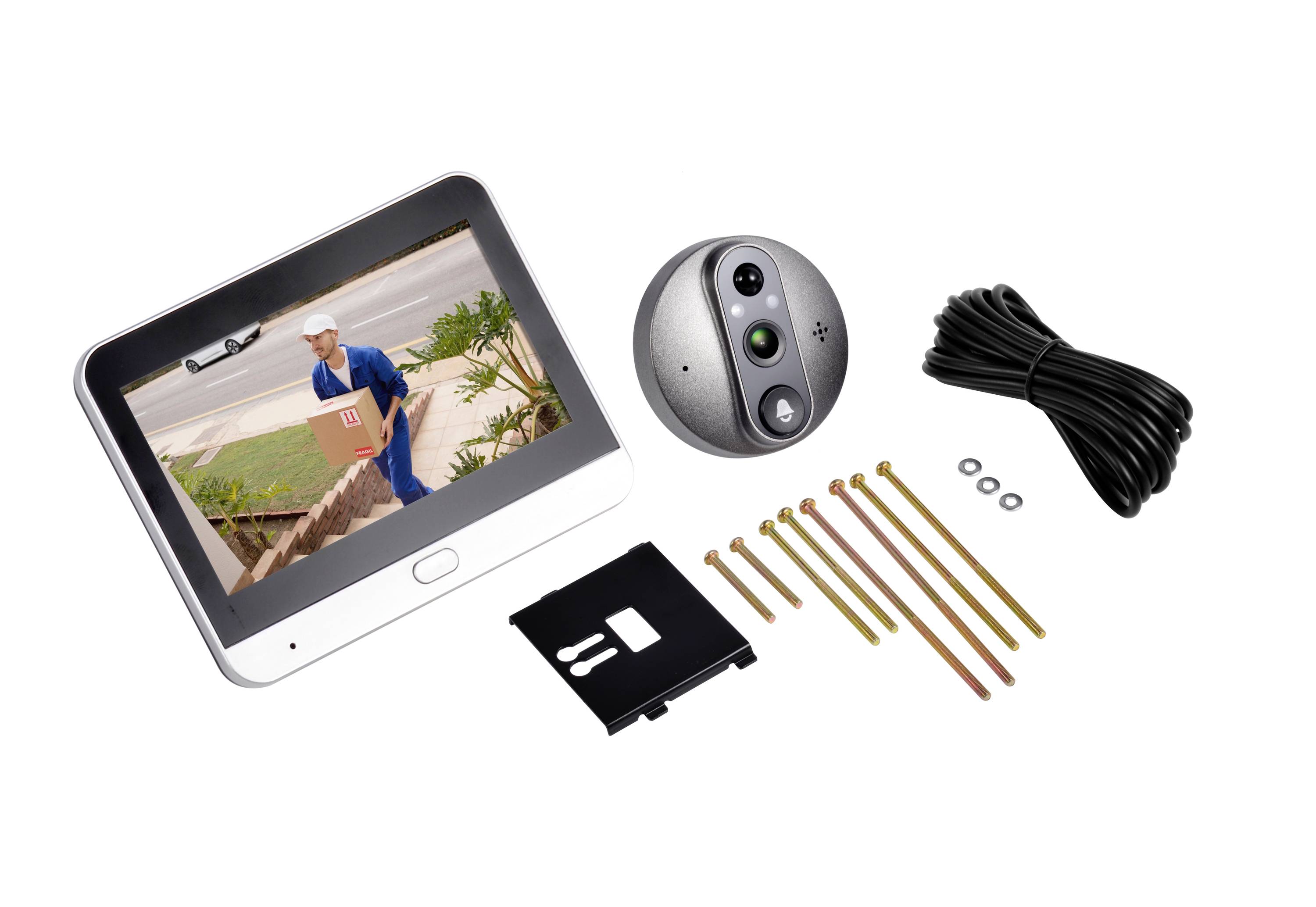 Video doorbell kit with indoor monitor, doorbell camera, memory card, screws, and wiring cable on a white background.