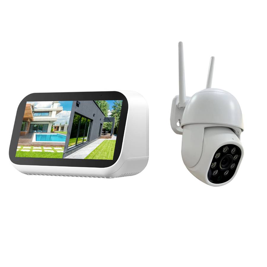 Wireless security camera system with indoor monitor showing a house and pool, plus a white outdoor Wi-Fi camera with antennas