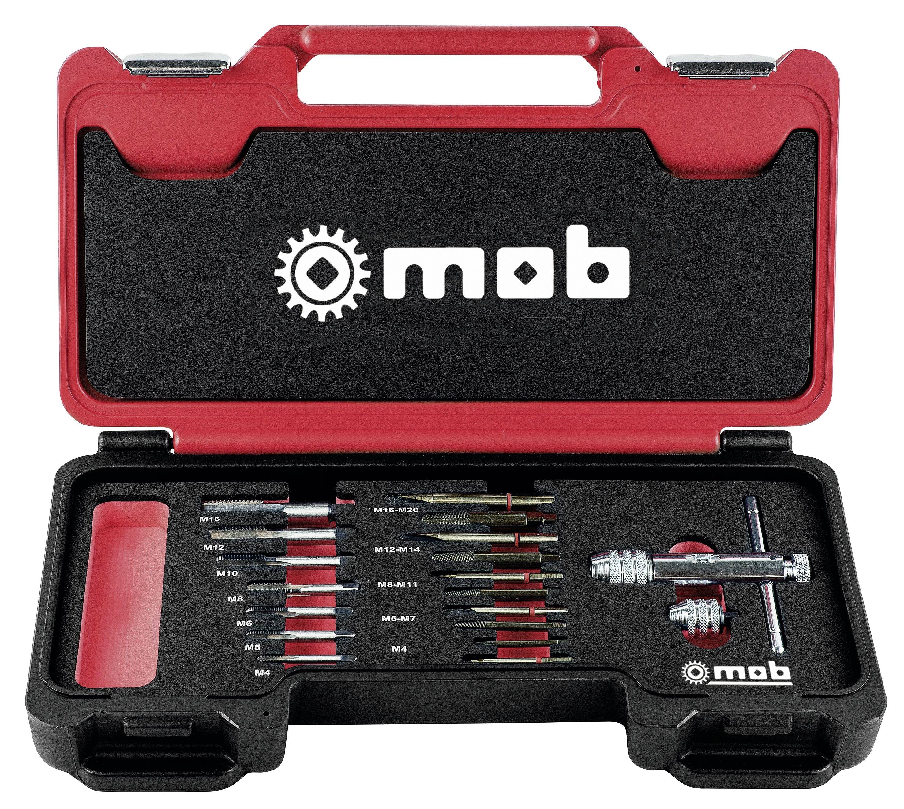 Red-and-black Mob tool case open with organized tap and die thread-cutting set and handle wrench inside.