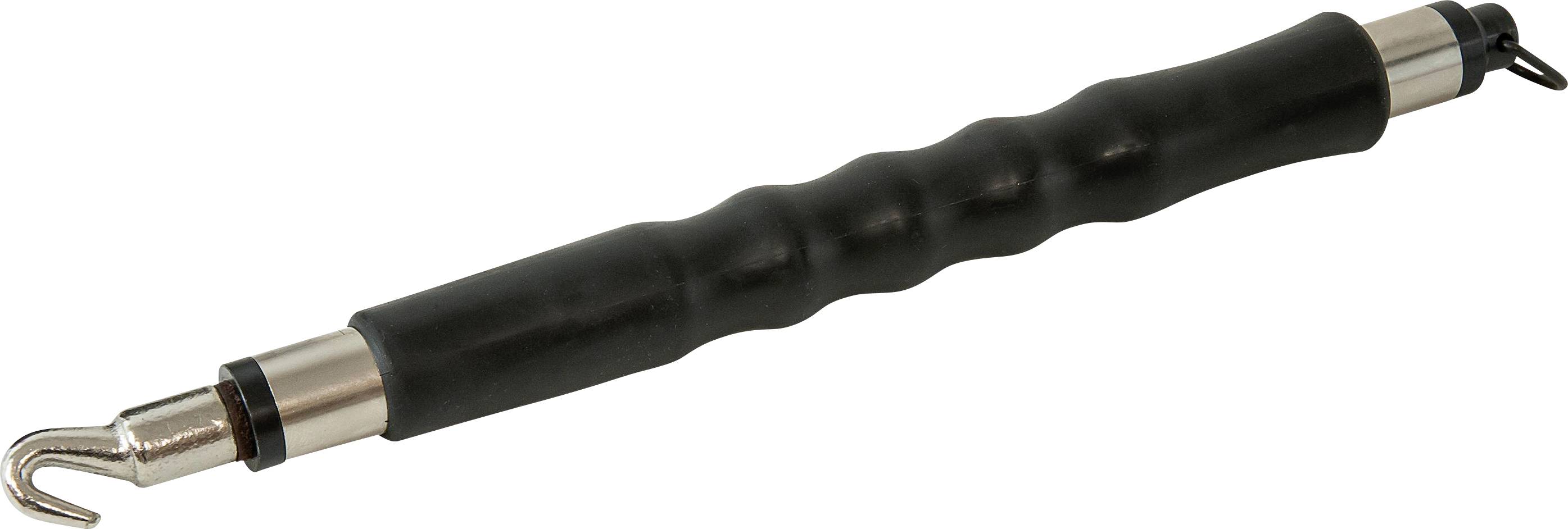 Black insulated handle with metal hook on one end and cylindrical connector on the other, shown on a white background.