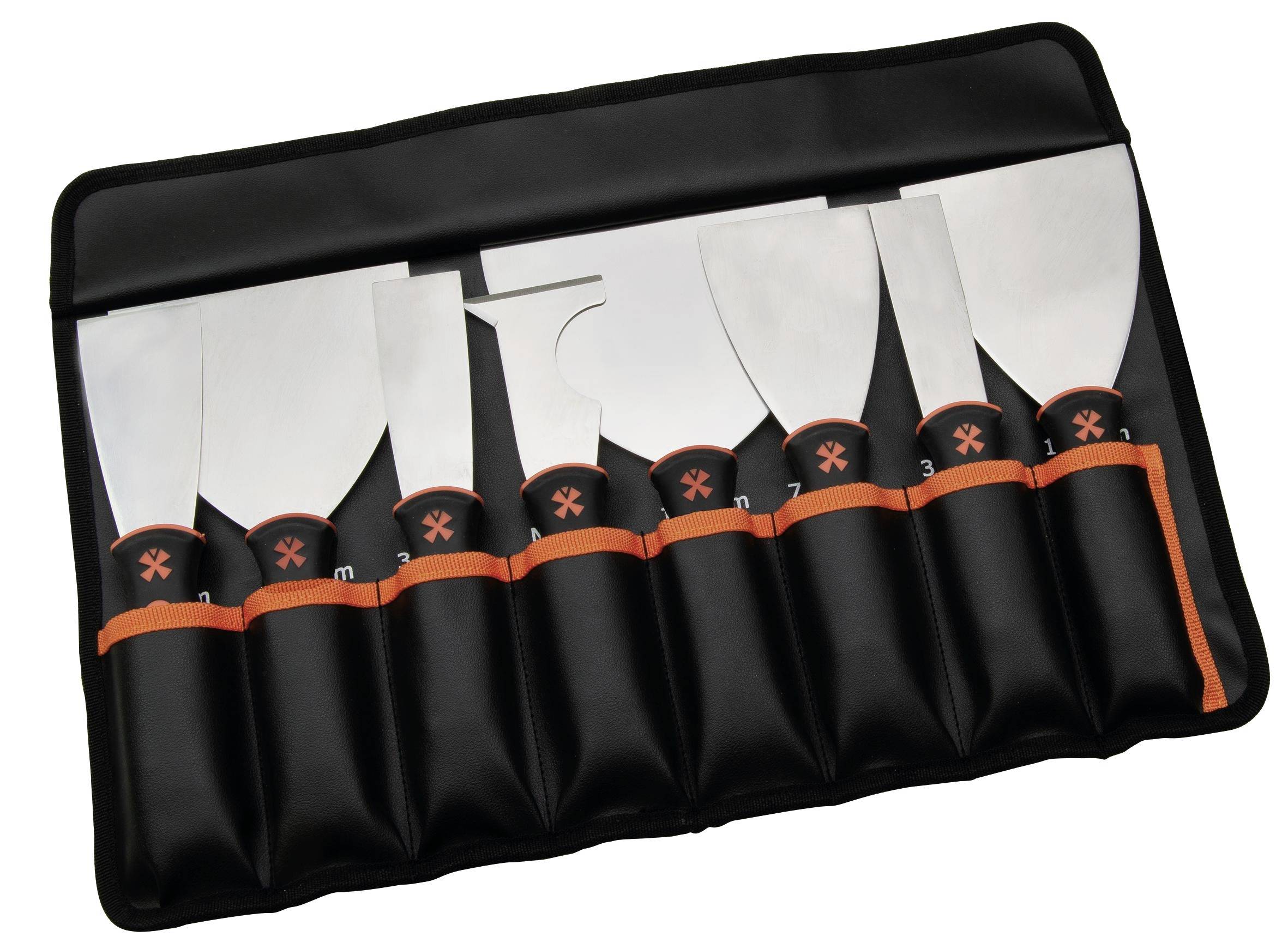 Roll-up tool pouch with six metal scraper blades in black holder with orange trim
