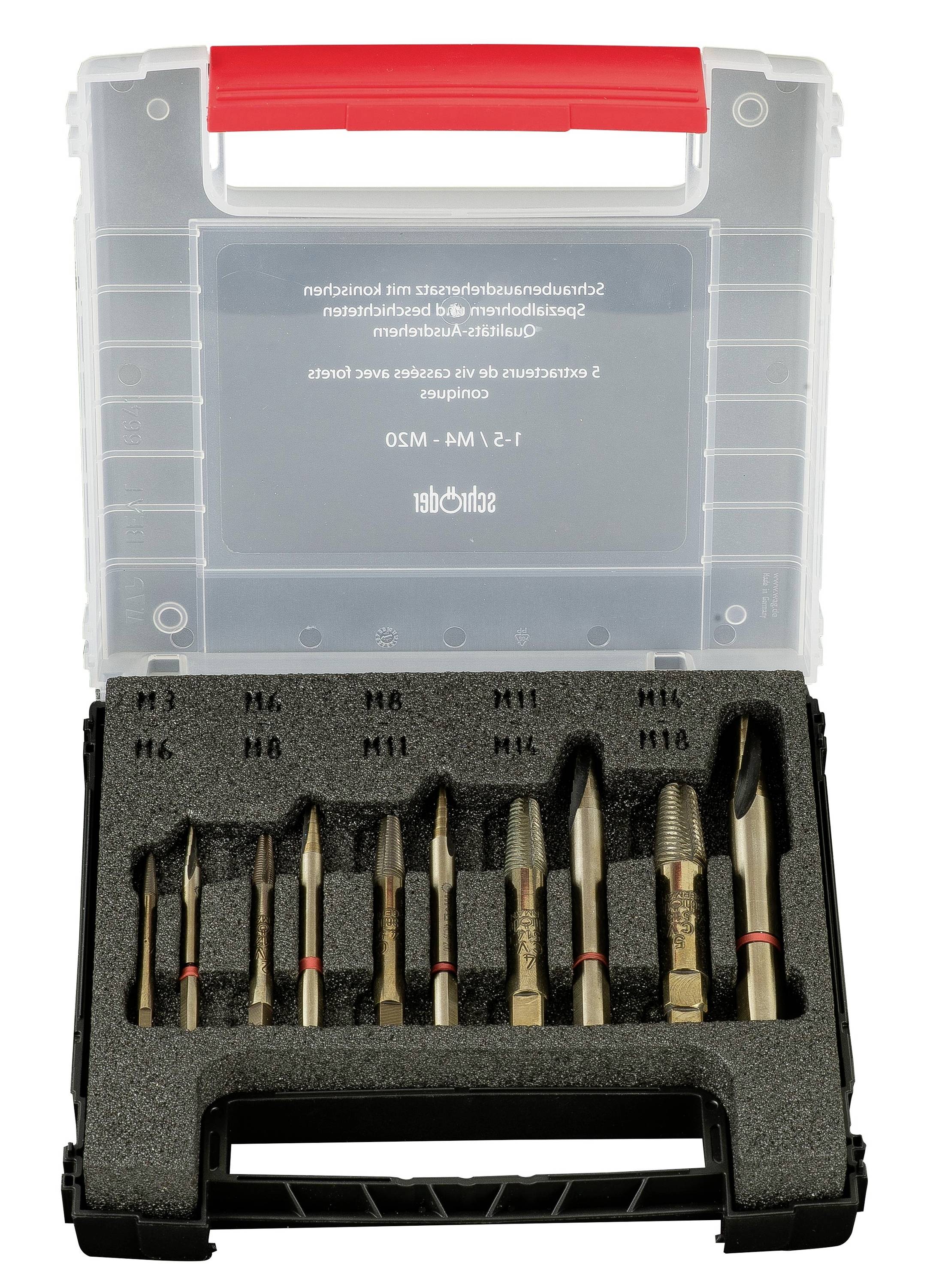 Open carrying case with red handle holding assorted ScrewExtracter bits and adapters arranged in foam insert.