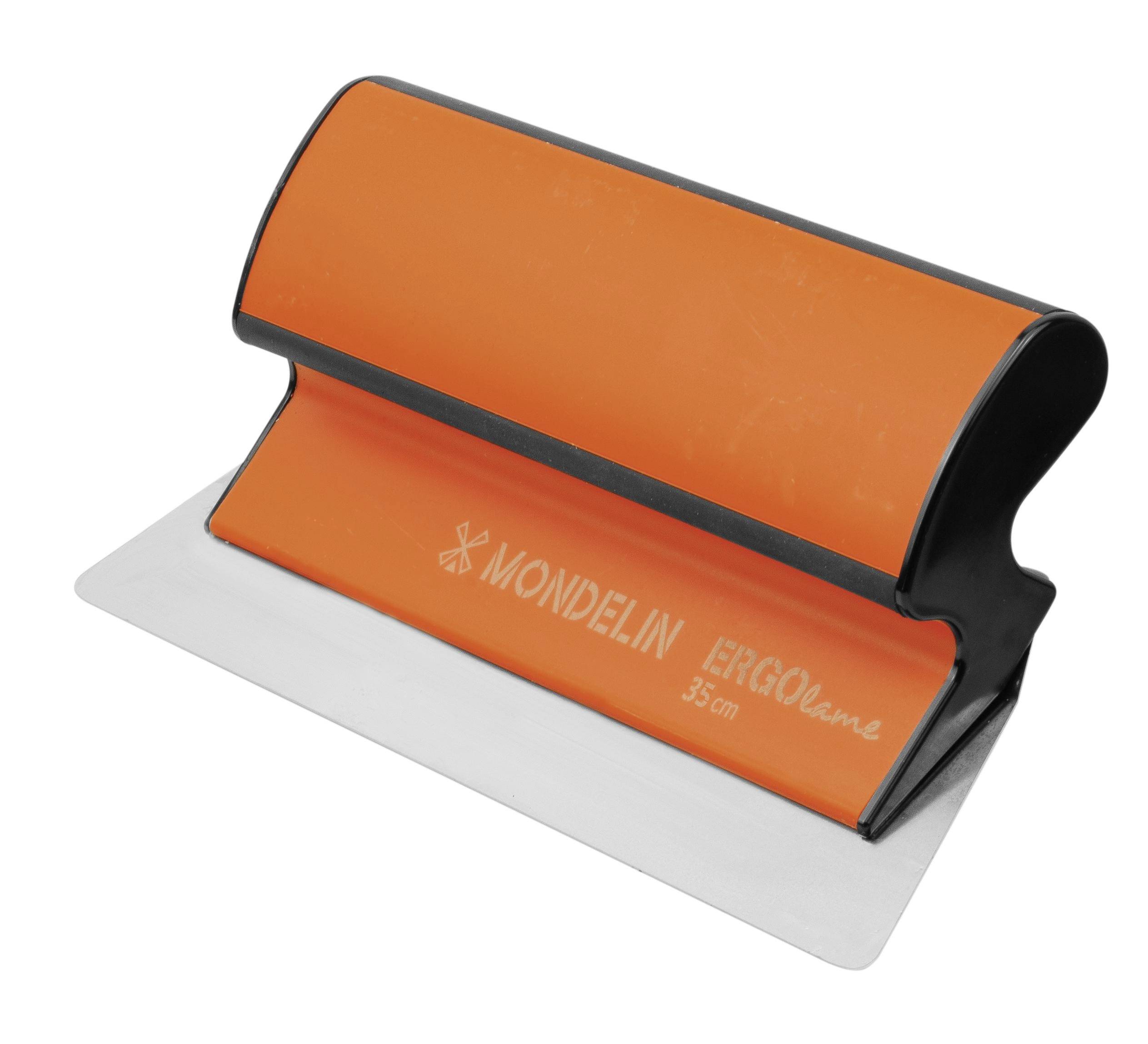 Orange and black handheld metal dough scraper with a flat silver blade, labeled 'MONDELIN ERGO', on a white background