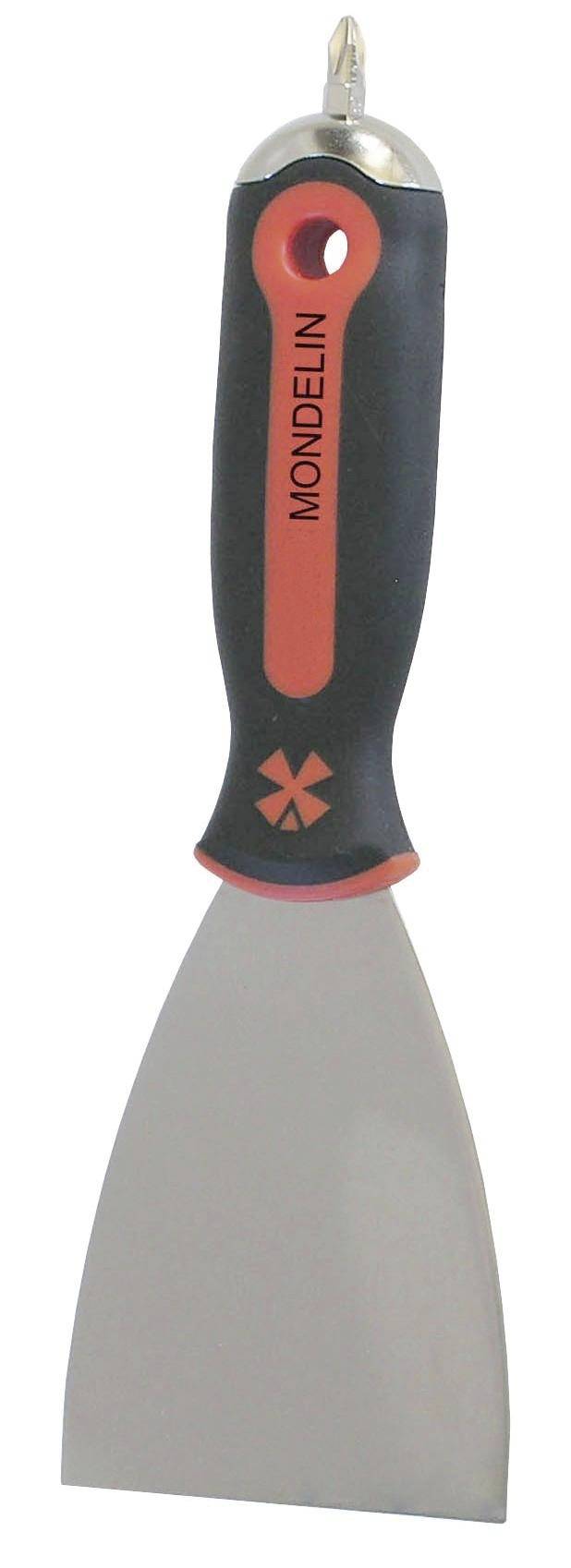 A wide putty knife with a black-and-red handle labeled 'MONDELIN' and a metal blade, shown on a white background.