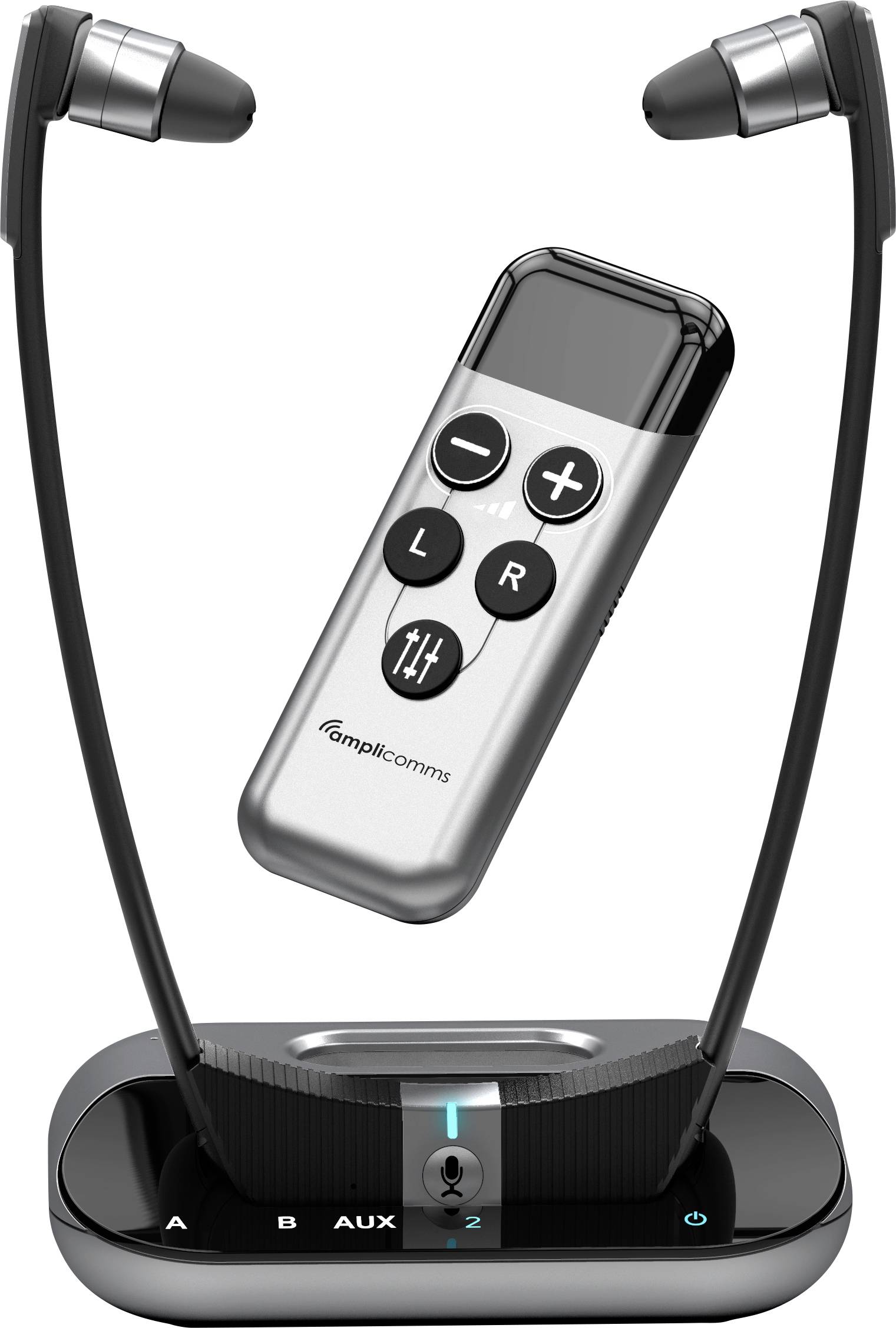 Wireless neckband earphones with inline remote, charging dock, and left/right earbuds on a black base.
