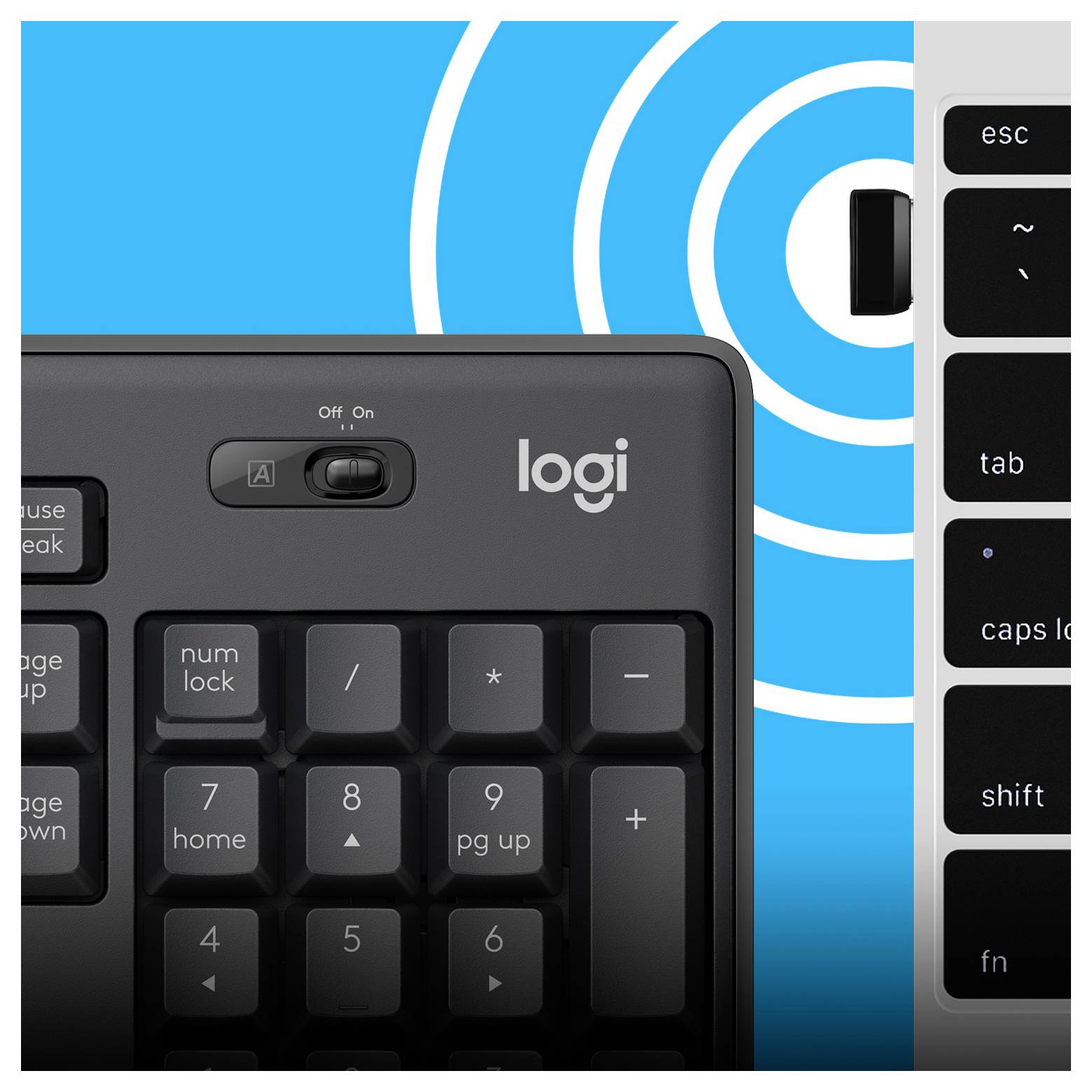 Close-up of a Logitech wireless keyboard and number pad, showing the power switch and keys against a blue background with white concentric arcs.