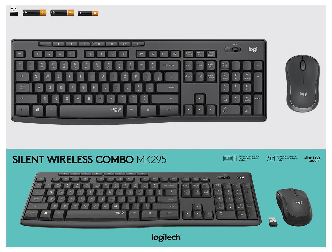 Logitech Silent Wireless Combo MK295 with full-size keyboard, wireless mouse, and USB receiver, shown in black on gray and teal backgrounds.
