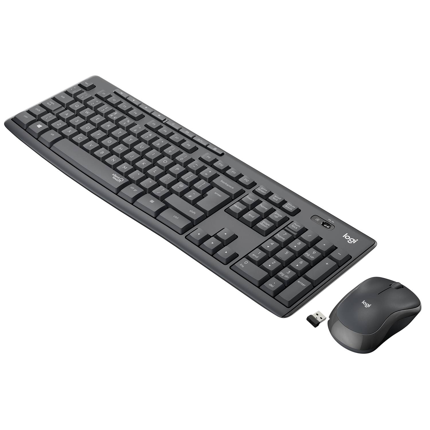 Wireless Logitech keyboard and mouse with USB receiver on a white background.
