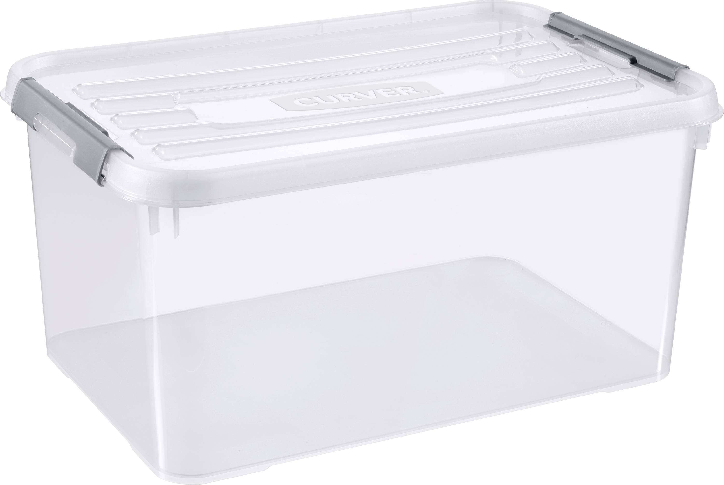 Clear plastic storage bin with a white snap-on lid and gray side latches.