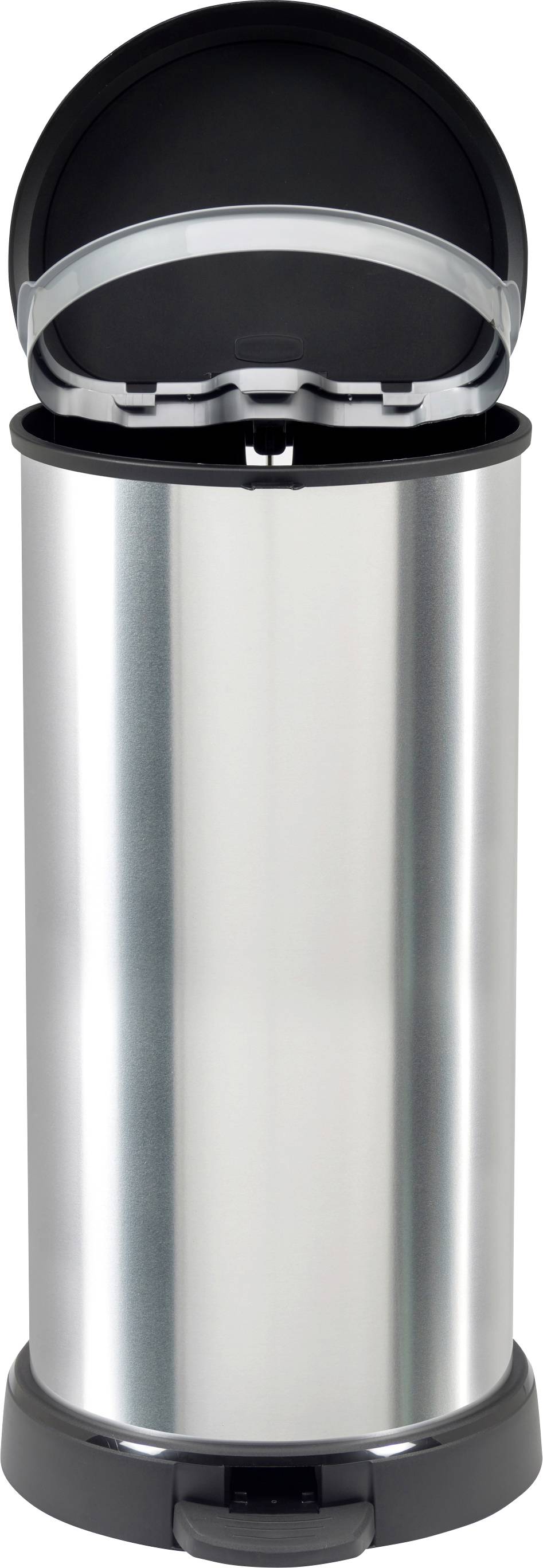 Stainless steel swing-top trash can with open lid, shown front view on a white background.