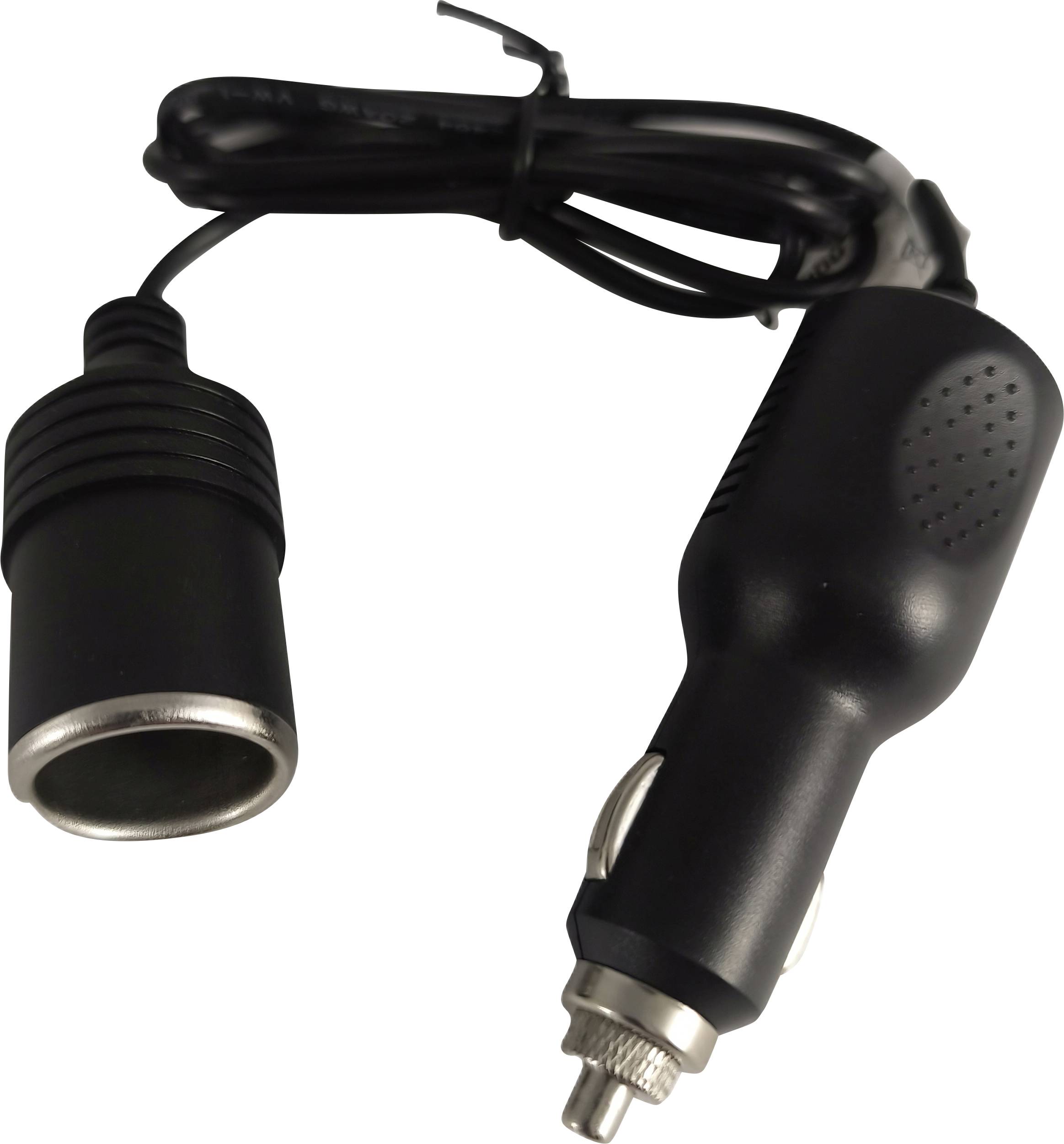 Black car cigarette lighter power adapter cable with a male plug and female socket connector on a white background