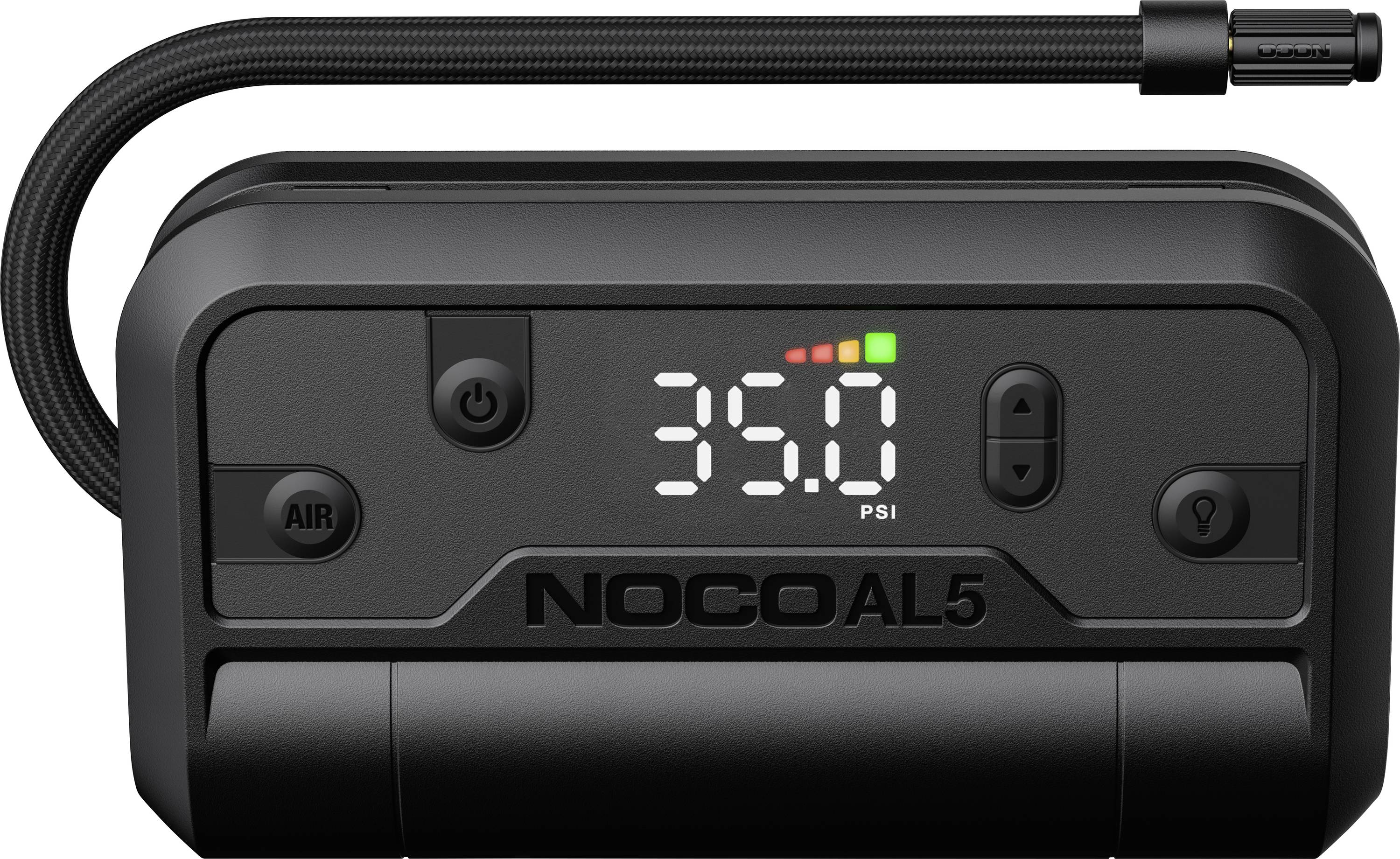 Portable digital air compressor with hose attached, showing 35.0 PSI on the display and control buttons for inflating tires or equipment.