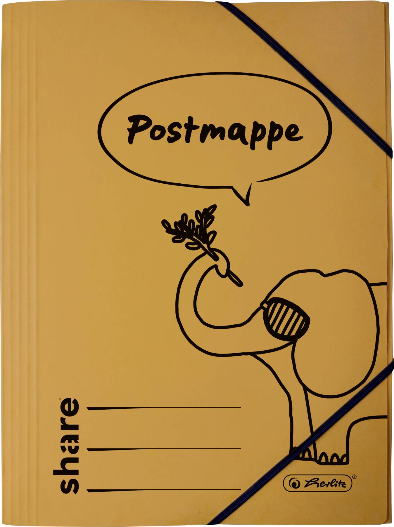 Orange 'Postmappe' folder with elastic band, 'share' label, and a simple elephant drawing holding a branch.