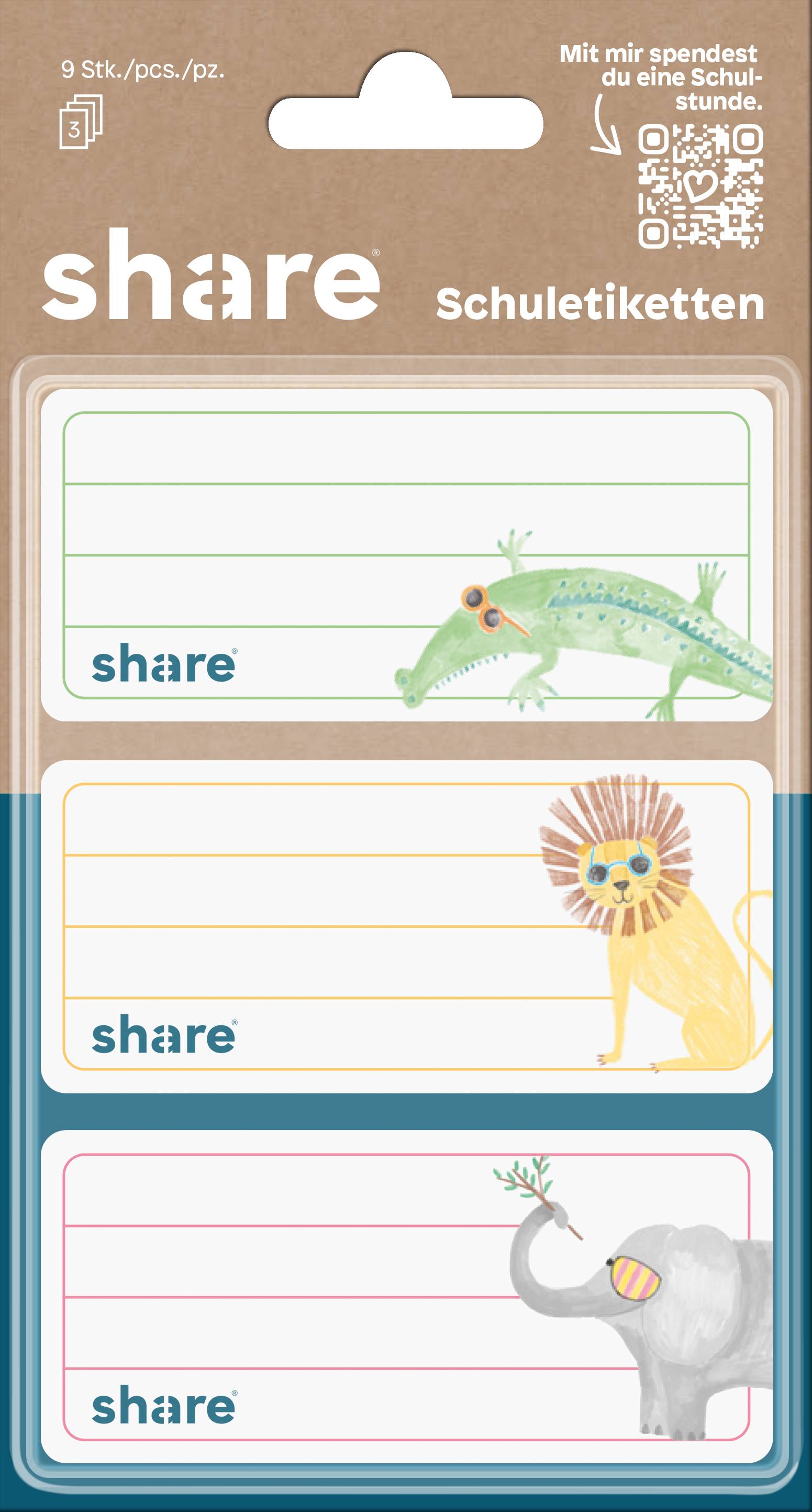 Packaging for 'share' school labels, 9 pieces, showing three lined label designs with animal illustrations: green lizard, yellow lion, and gray elephant.