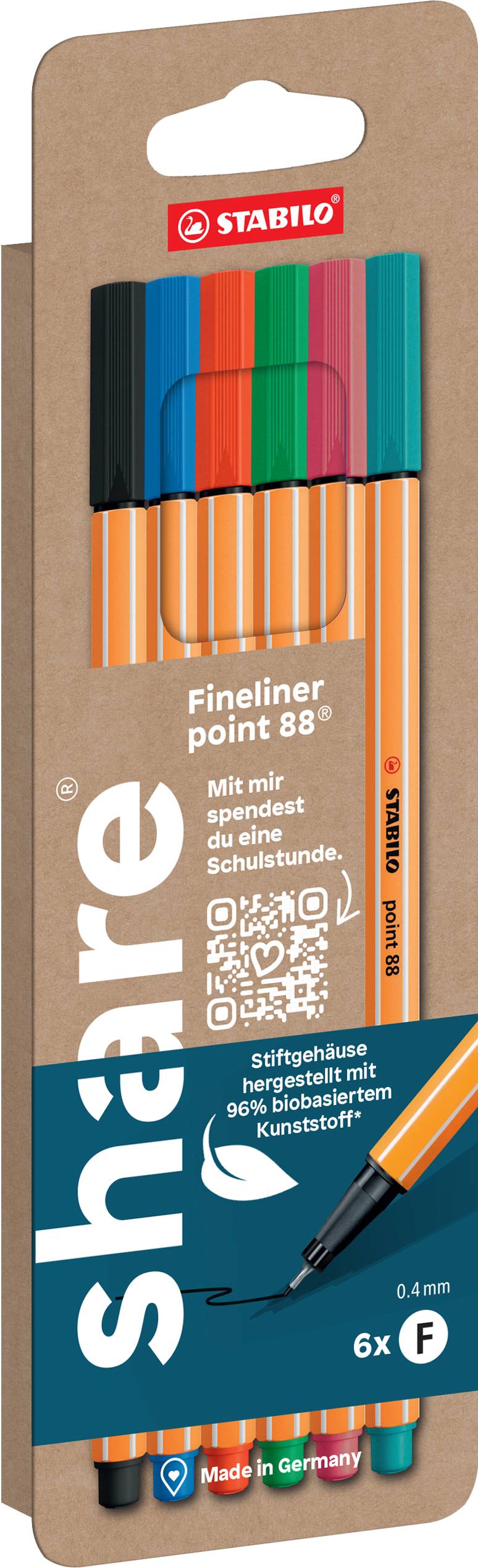 Package of STABILO point 88 fineliner pens, showing 6 assorted colors and 0.4 mm tip, with 'Made in Germany' branding.