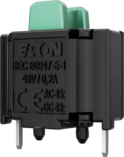 Black electrical push-button switch module with green actuator and metal terminals, labeled EATON IEC 60947-5-1 48V 10.2A.