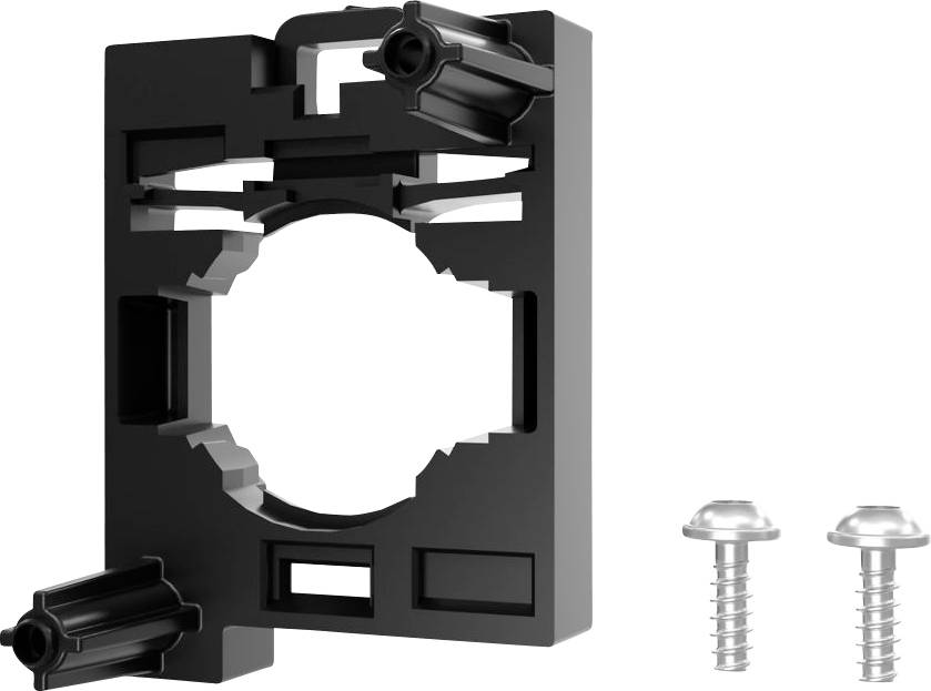 Black plastic mounting bracket with a large circular opening and two screws shown beside it on a white background.
