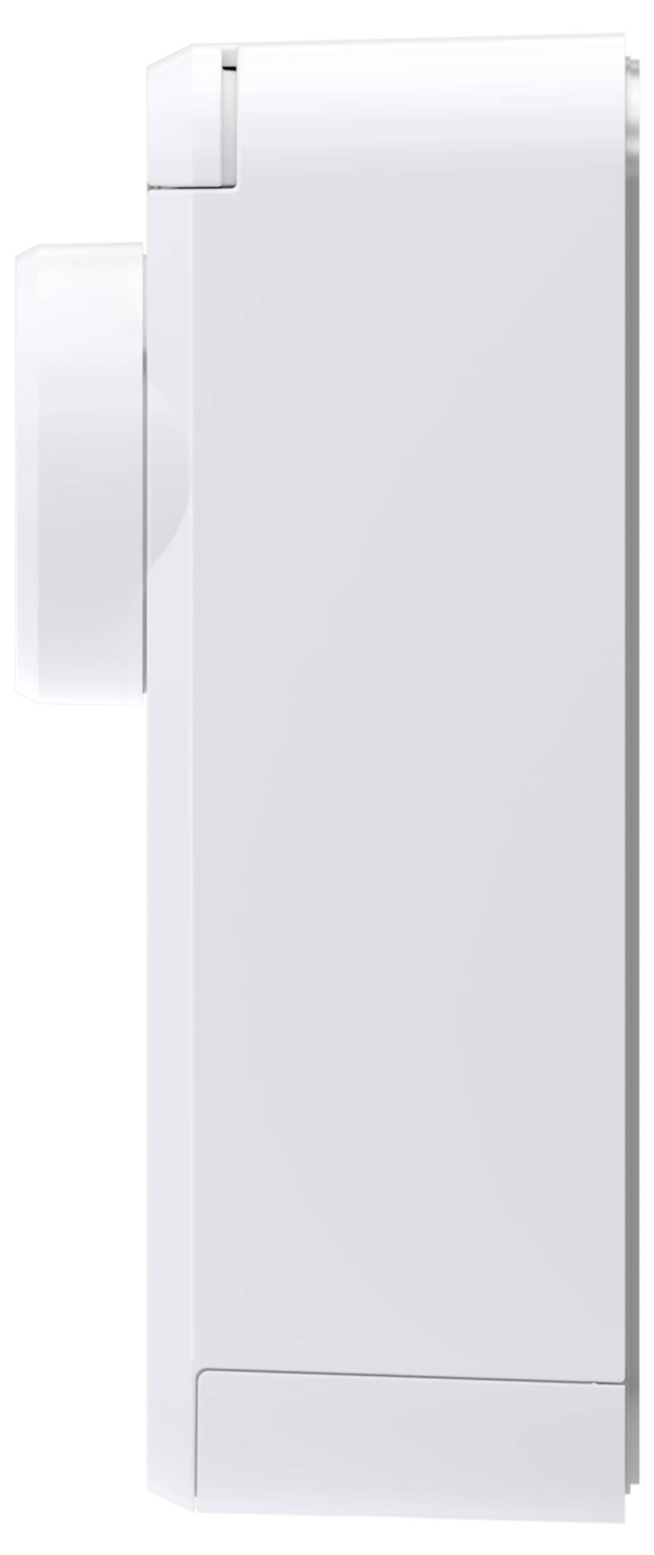 A tall white refrigerator with a top freezer door, shown in side view on a white background.