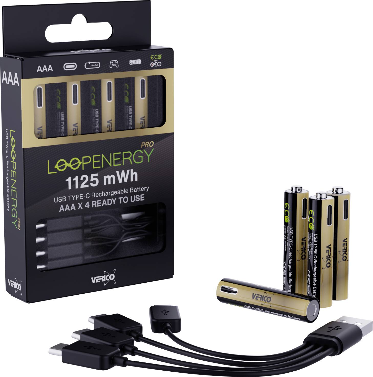 USB-C rechargeable AAA battery kit: box labeled 'LOOPENERGY Pro 1125 mWh', four AAA batteries, and a USB charging cable with multiple battery adapters.