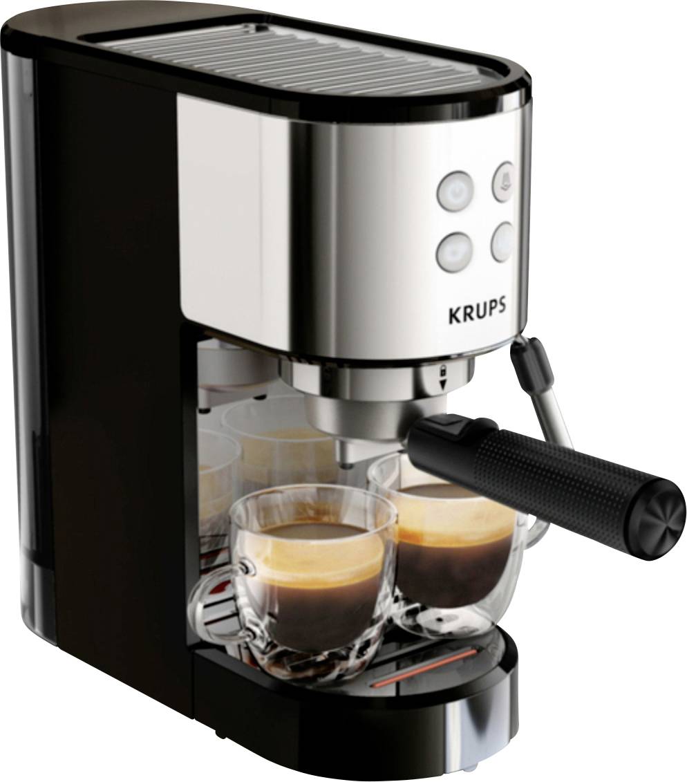 Krups espresso machine brewing two shots into glass cups, with portafilter and control buttons visible.