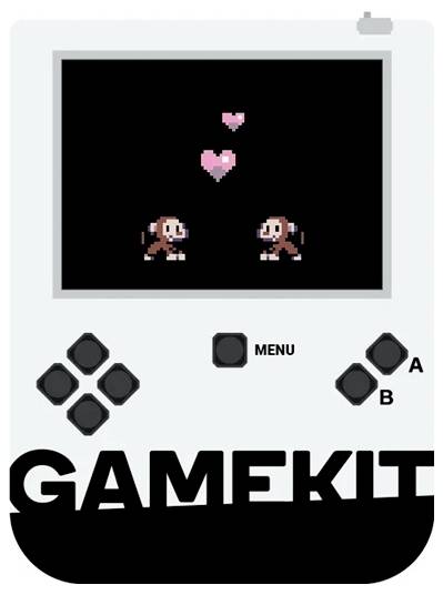 Illustration of a Game Boy-style handheld console labeled 'GAMEKIT' with two pixel monkeys facing each other under floating pink hearts on the screen.