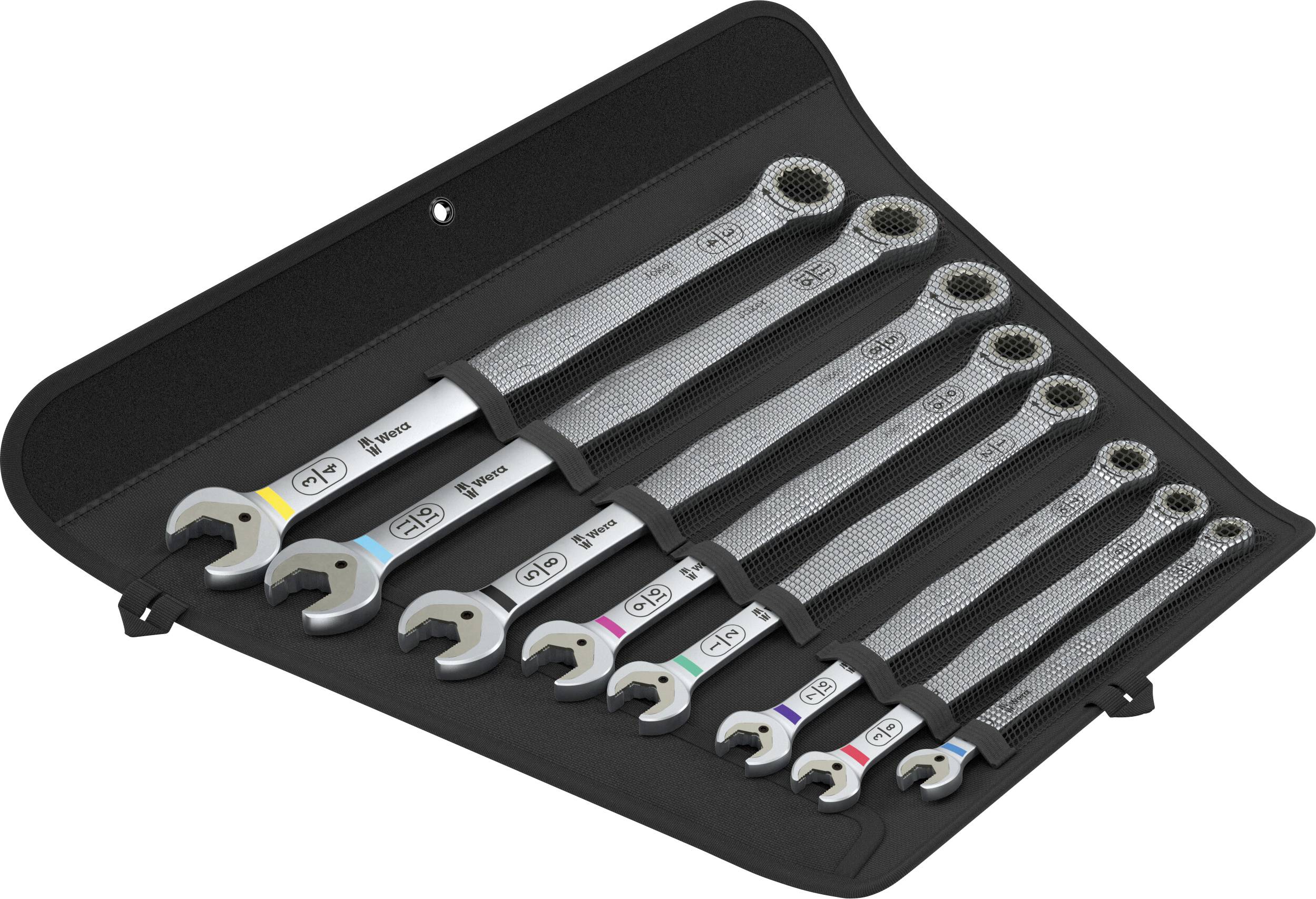 Set of seven combination wrenches in a black roll-up tool case, arranged by size.