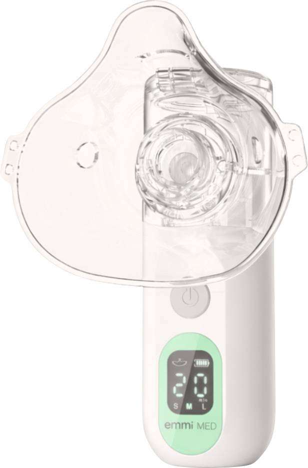 Portable nebulizer or inhaler device with clear mask attached and digital display reading 20, labeled 'emmi MED'.