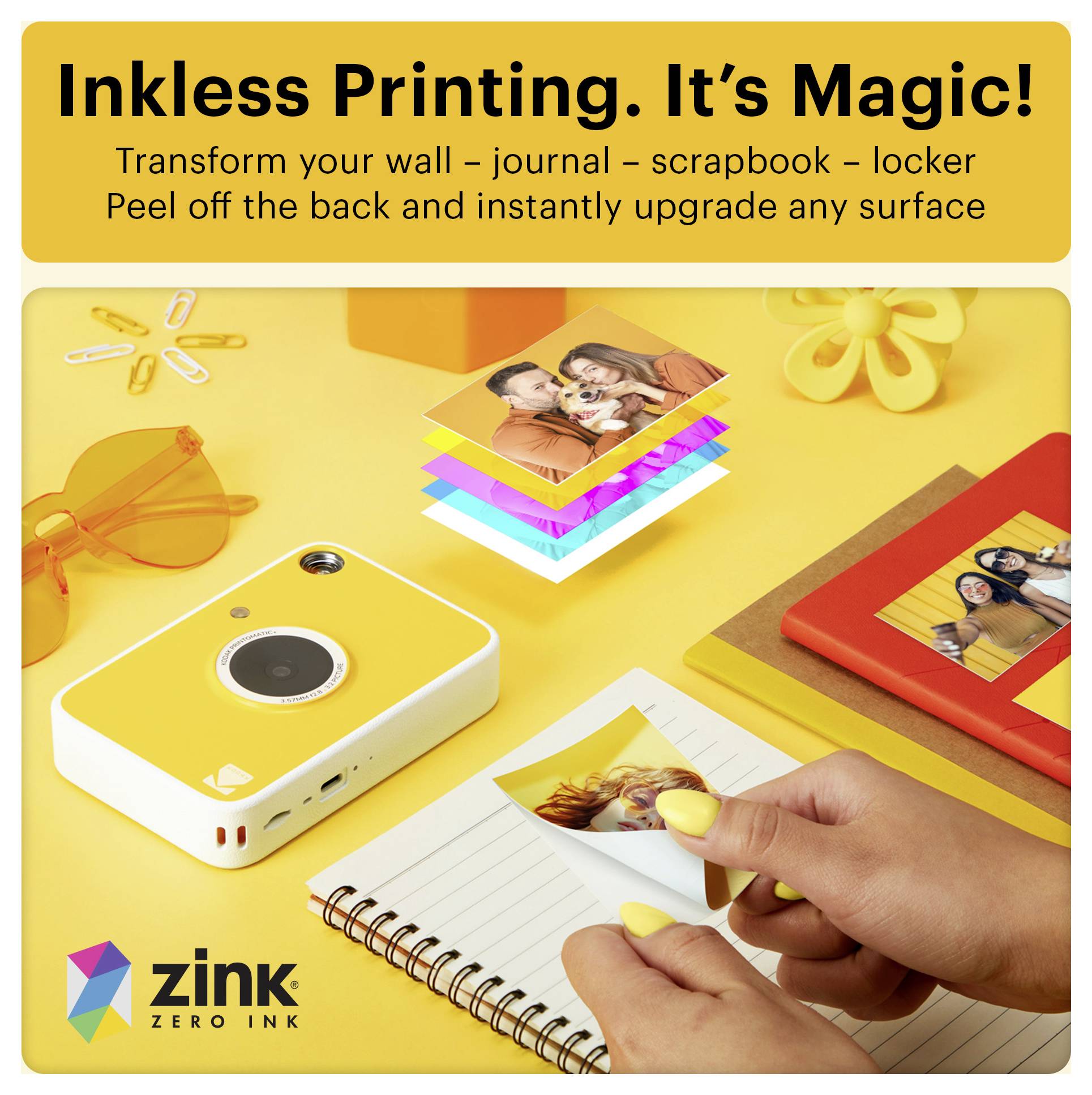 Ad for Zink zero-ink printing: 'Inkless Printing. It’s Magic!' with a portable printer making peel-and-stick photos for journals, scrapbooks, and lockers.